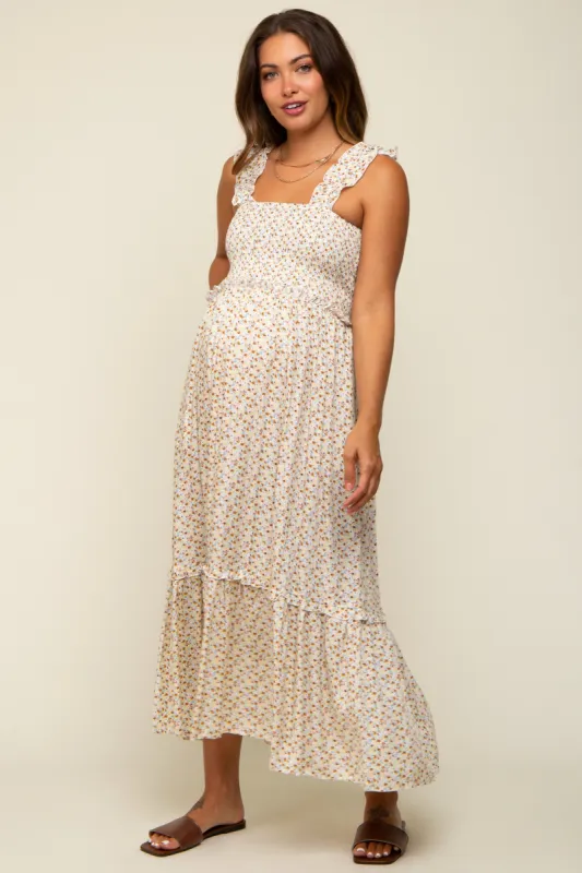 Cream Floral Sleeveless Smocked Ruffle Maternity Midi Dress sold by Pinkblush
