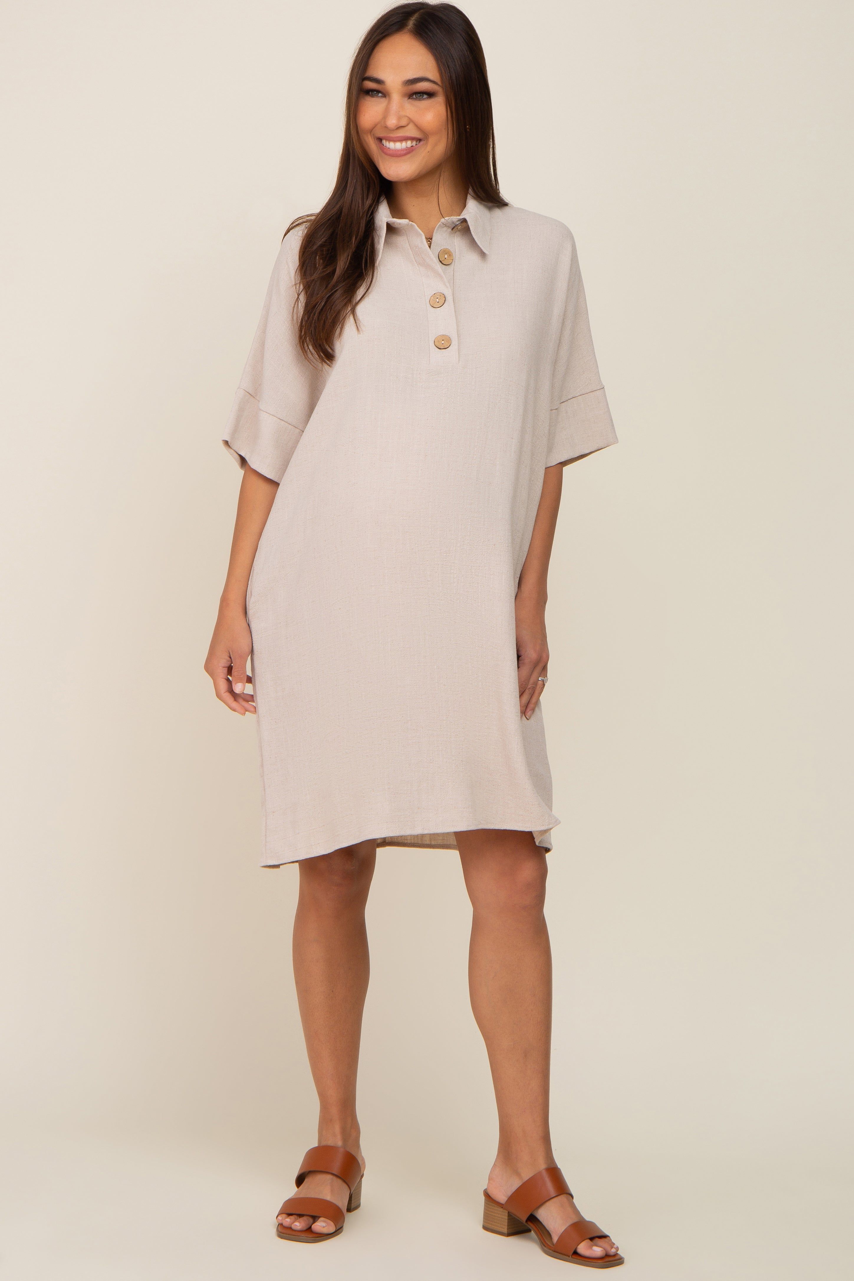 Beige Linen Front Button Collared Maternity Dress sold by Pinkblush