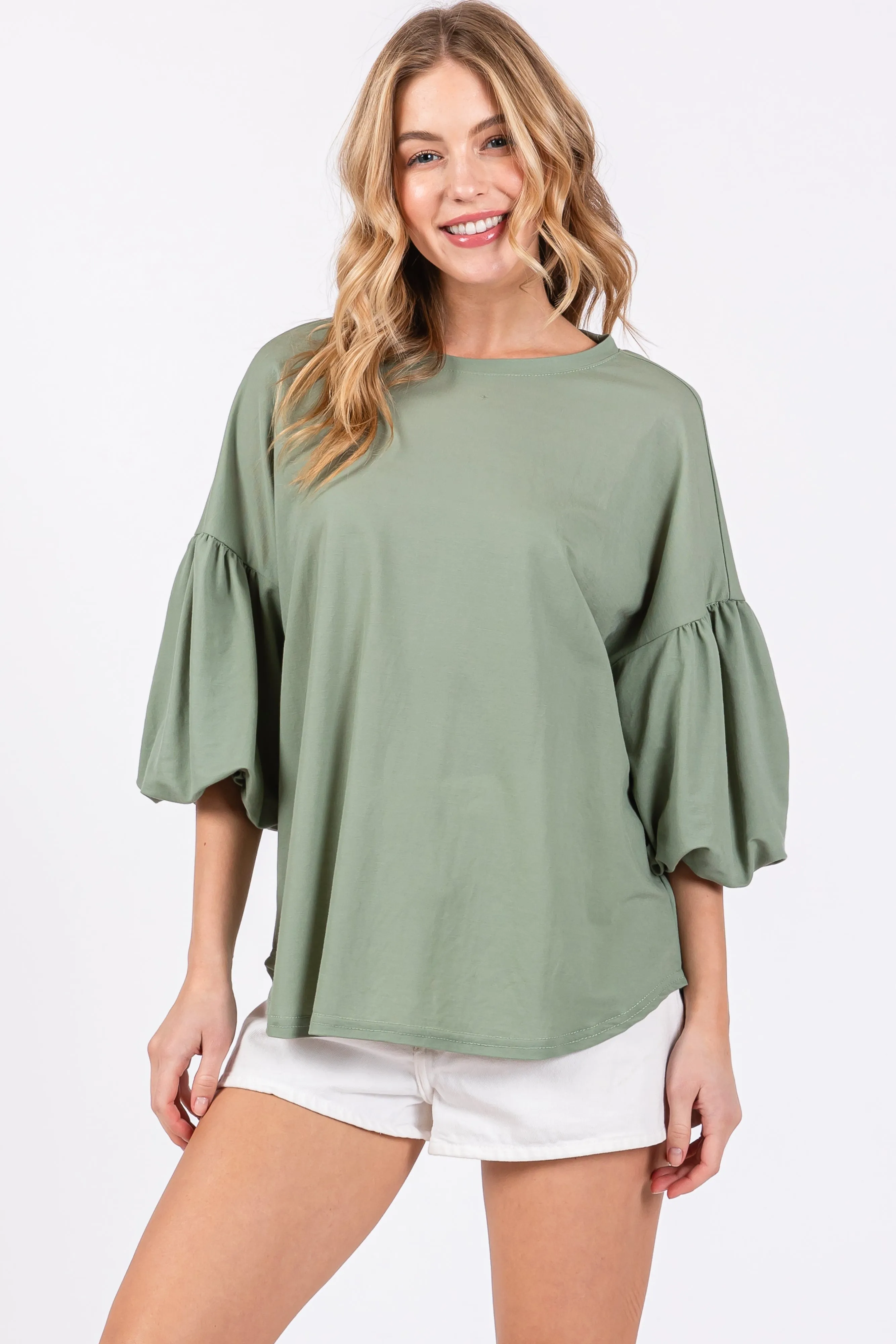Light Olive Drop Shoulder Puff Sleeve Top sold by Pinkblush