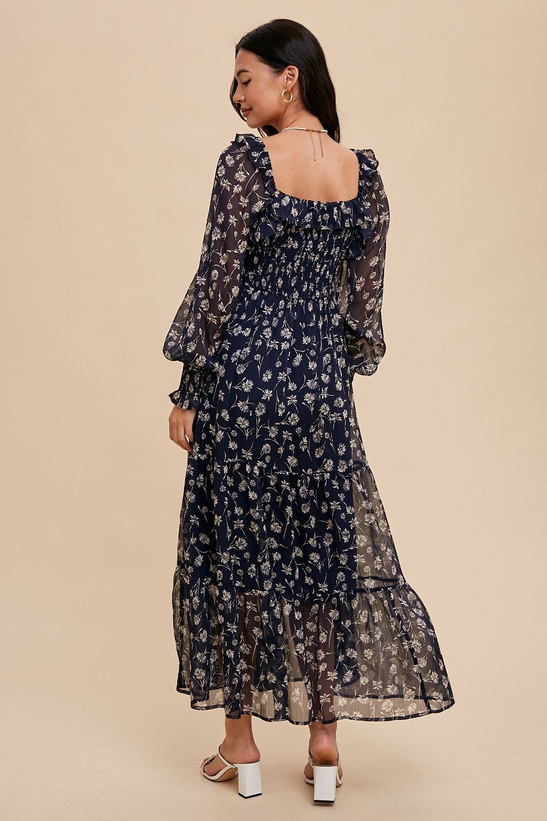 Navy Blue Floral Ruffle Square Neck Smocked Maxi Dress sold by Pinkblush product image thumbnail 4