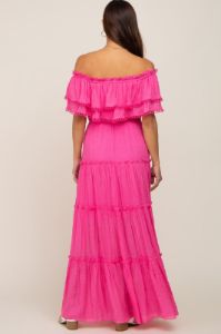 Pink Off Shoulder Eyelet Tiered Maternity Maxi Dress sold by Pinkblush