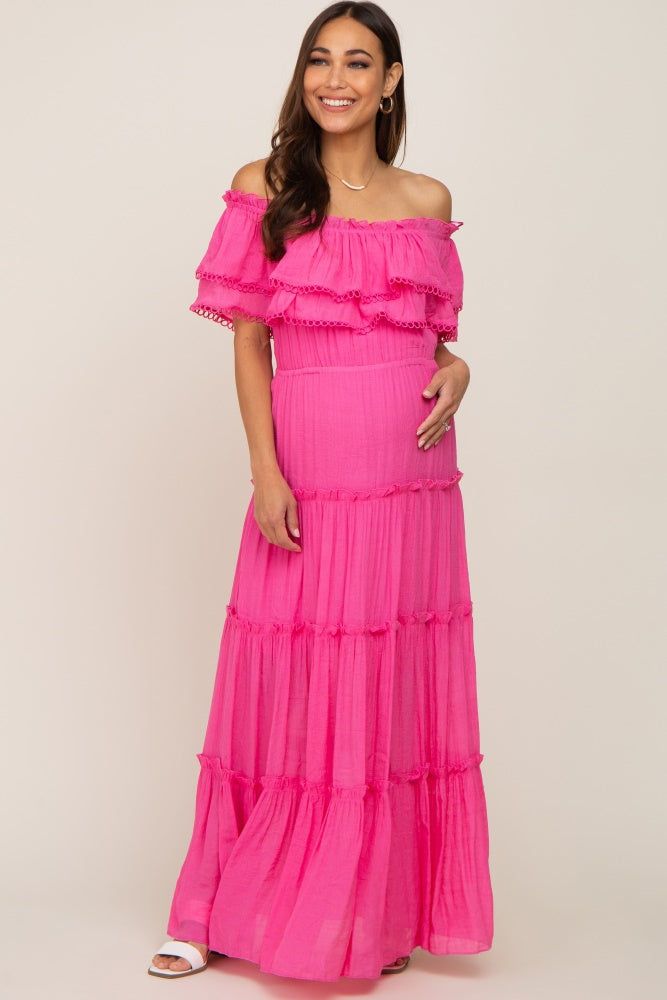 Pink Off Shoulder Eyelet Tiered Maternity Maxi Dress sold by Pinkblush