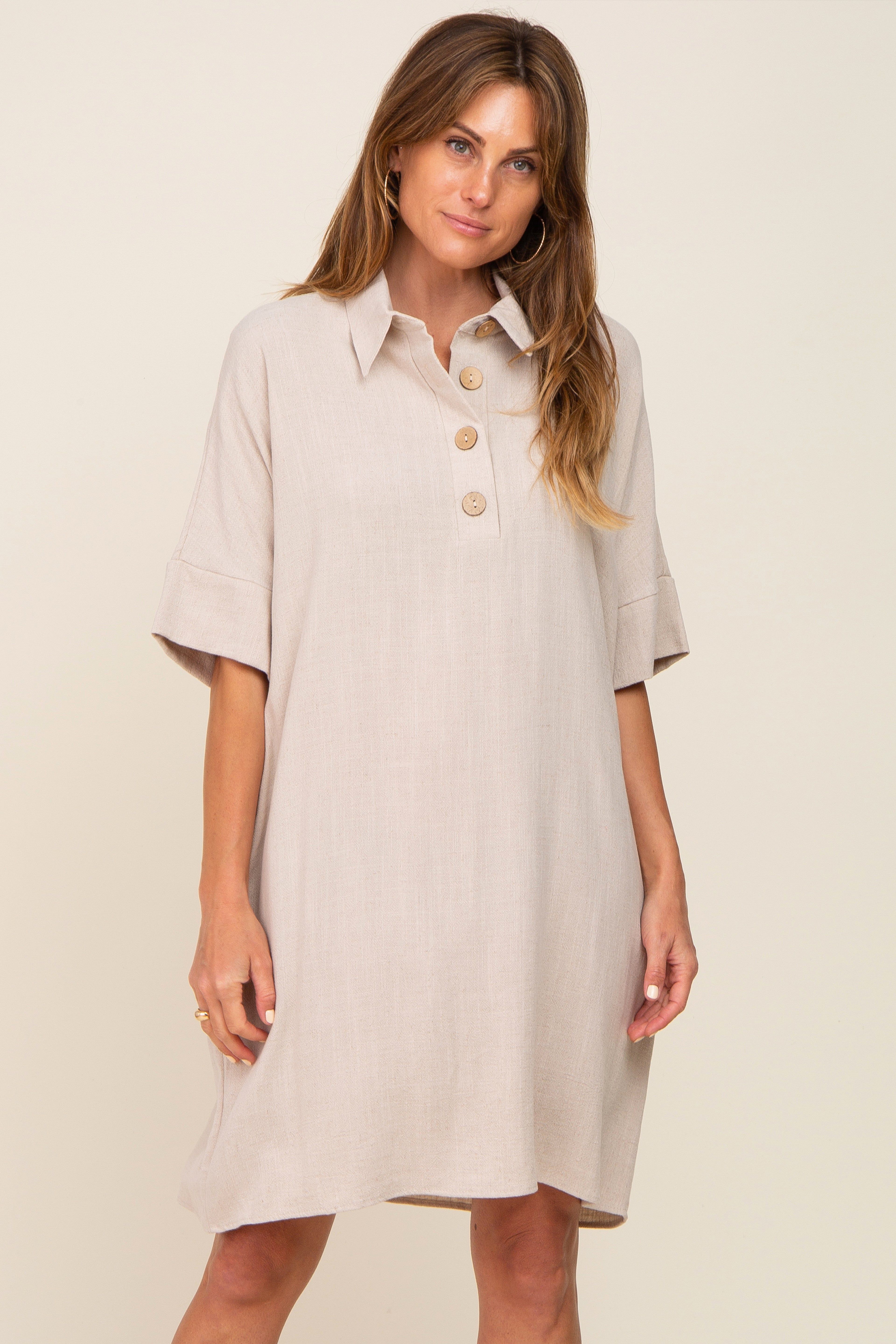 Beige Linen Front Button Collared Maternity Dress sold by Pinkblush product image thumbnail 5