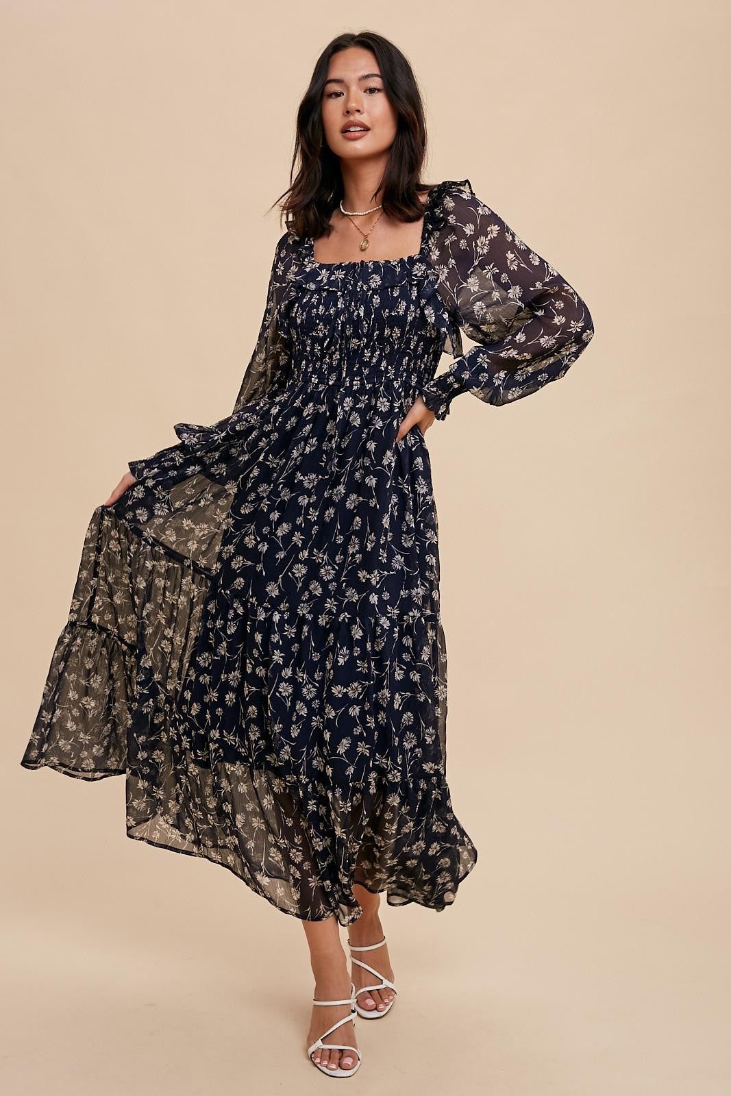Navy Blue Floral Ruffle Square Neck Smocked Maxi Dress sold by Pinkblush product image thumbnail 2
