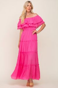 Pink Off Shoulder Eyelet Tiered Maternity Maxi Dress sold by Pinkblush