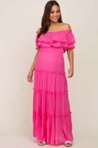 Pink Off Shoulder Eyelet Tiered Maternity Maxi Dress sold by Pinkblush