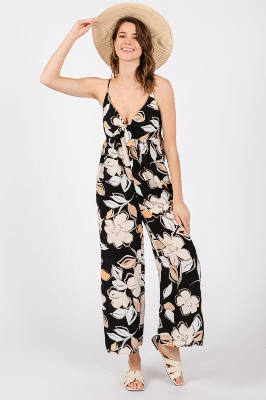 Black Floral Tie Front Jumpsuit sold by Pinkblush