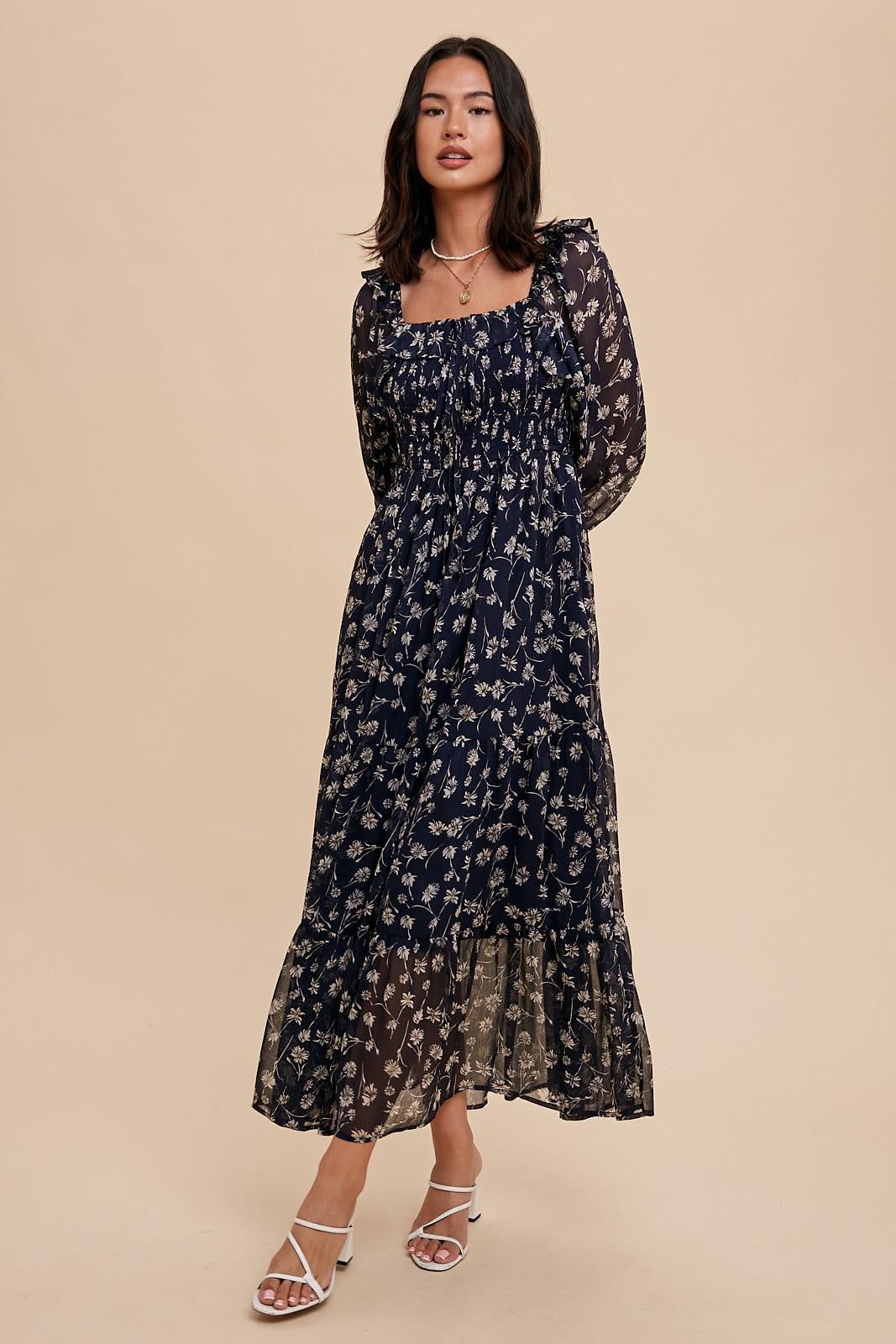 Navy Blue Floral Ruffle Square Neck Smocked Maxi Dress sold by Pinkblush product image thumbnail 3