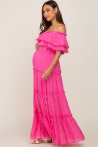 Pink Off Shoulder Eyelet Tiered Maternity Maxi Dress sold by Pinkblush