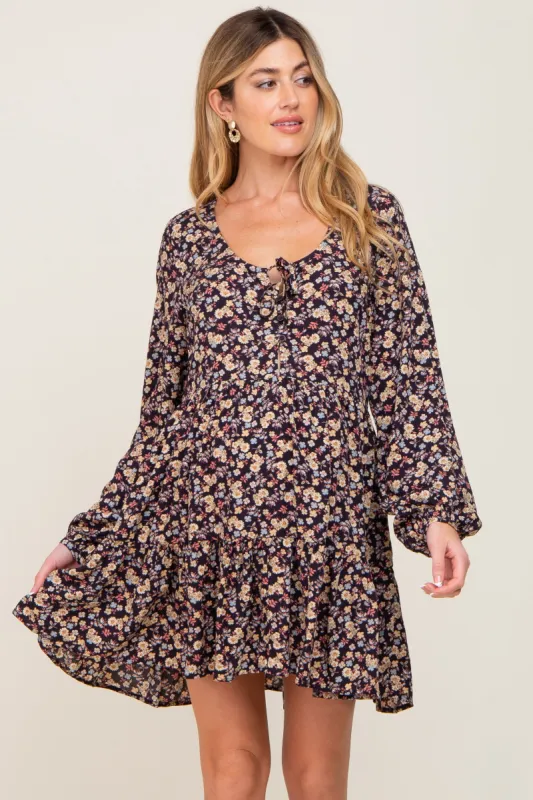 Black Floral Button Front Long Sleeve Maternity Dress sold by Pinkblush