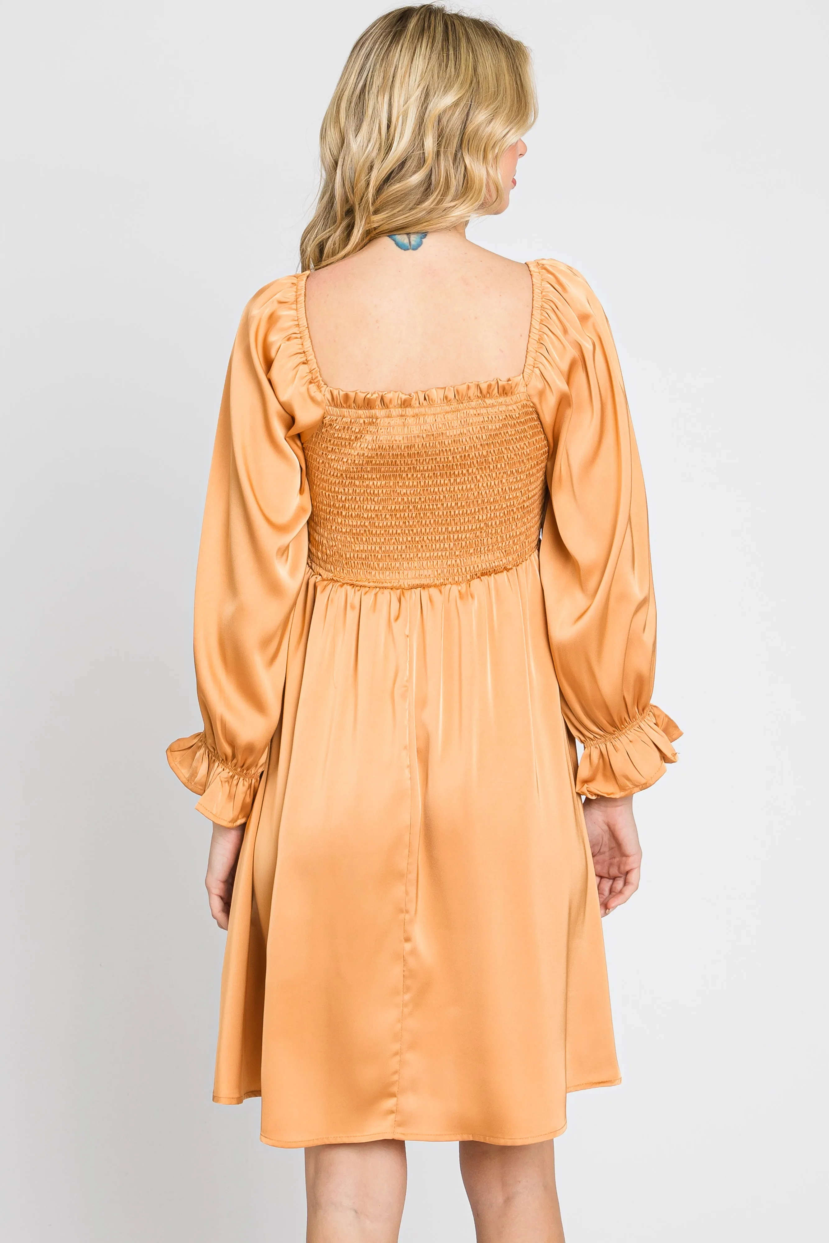 Camel Satin Smocked Square Neck Dress sold by Pinkblush product image thumbnail 3