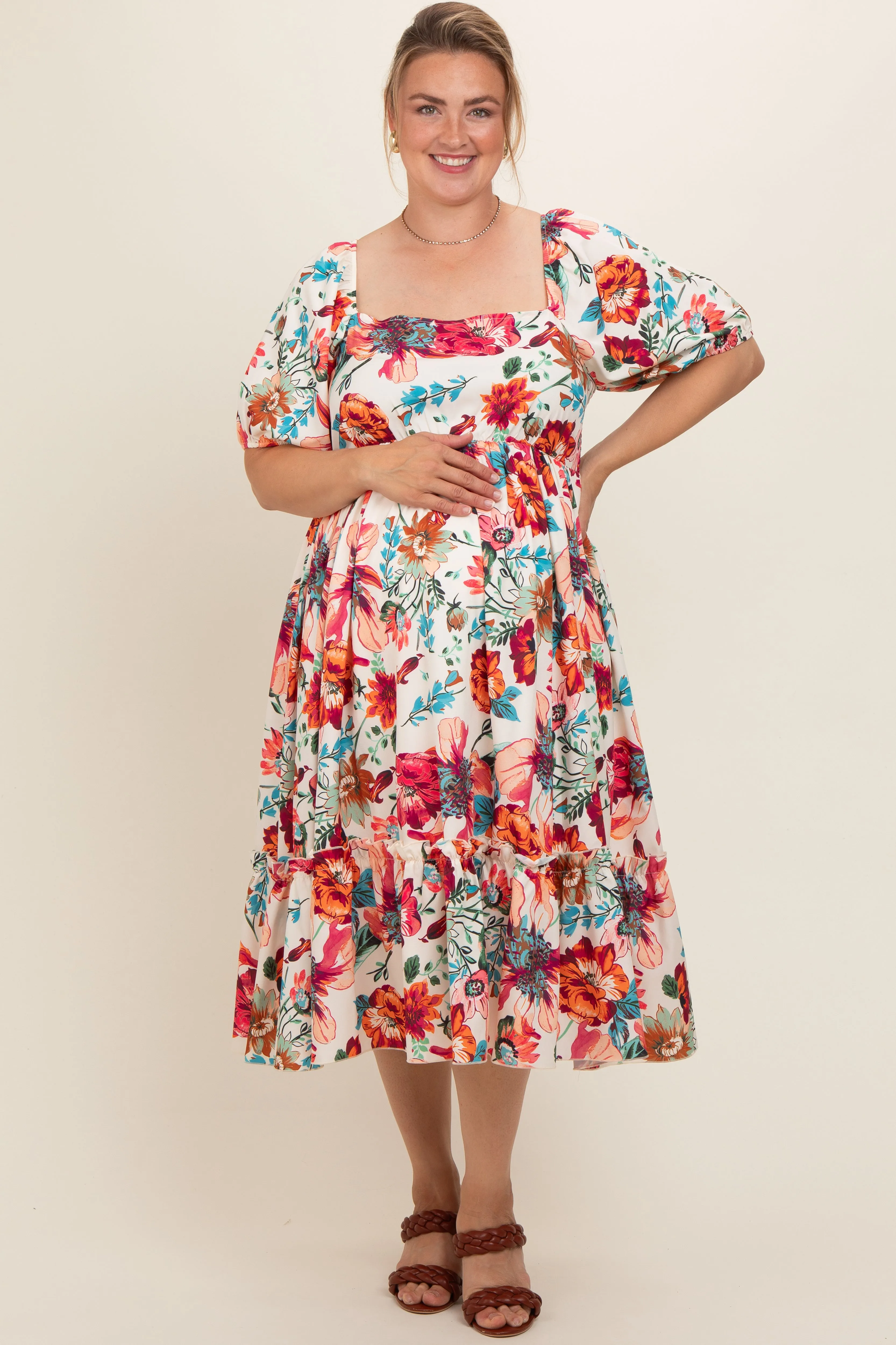 Cream Floral Puff Sleeve Maternity Midi Dress sold by Pinkblush product image thumbnail 2