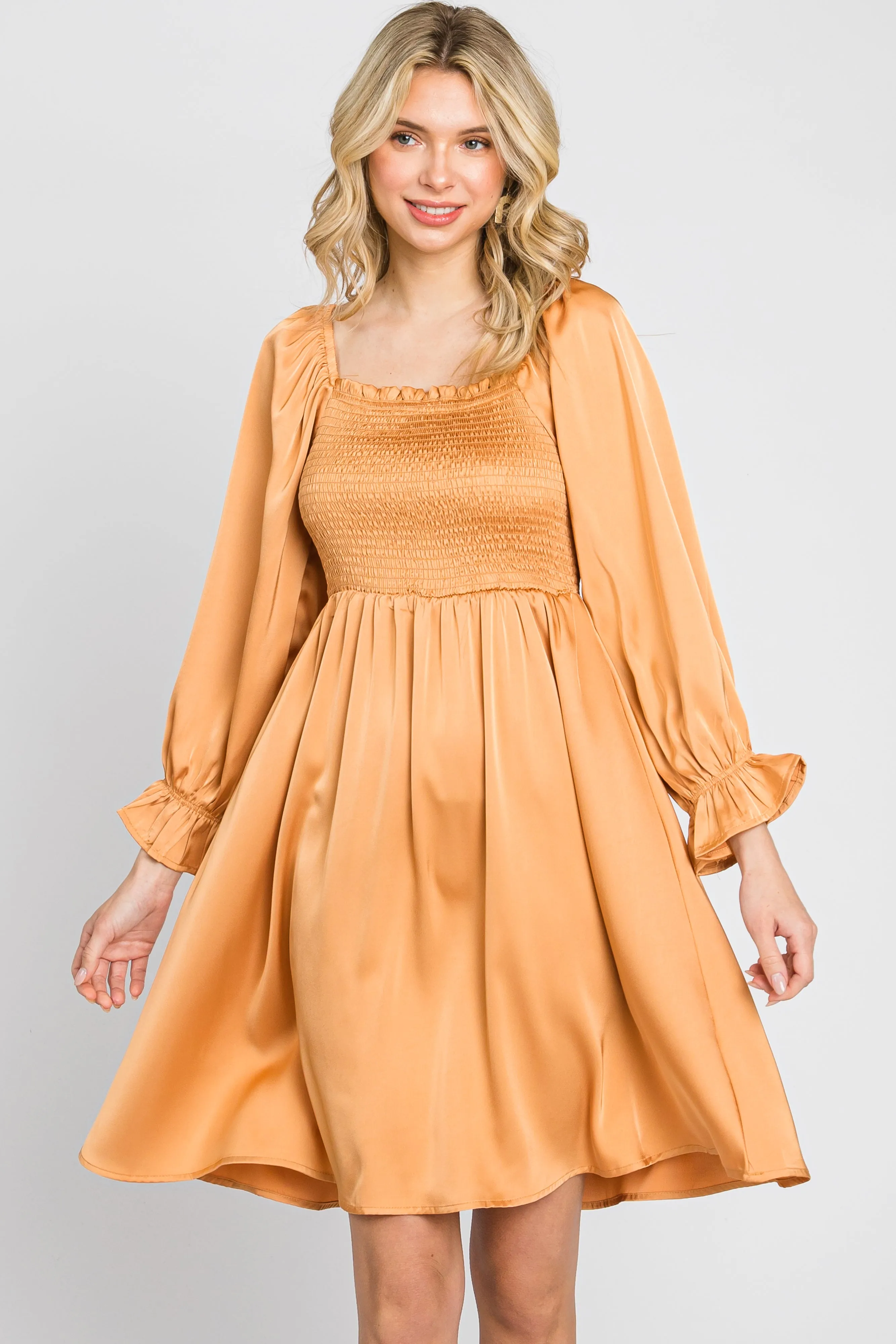 Camel Satin Smocked Square Neck Dress sold by Pinkblush