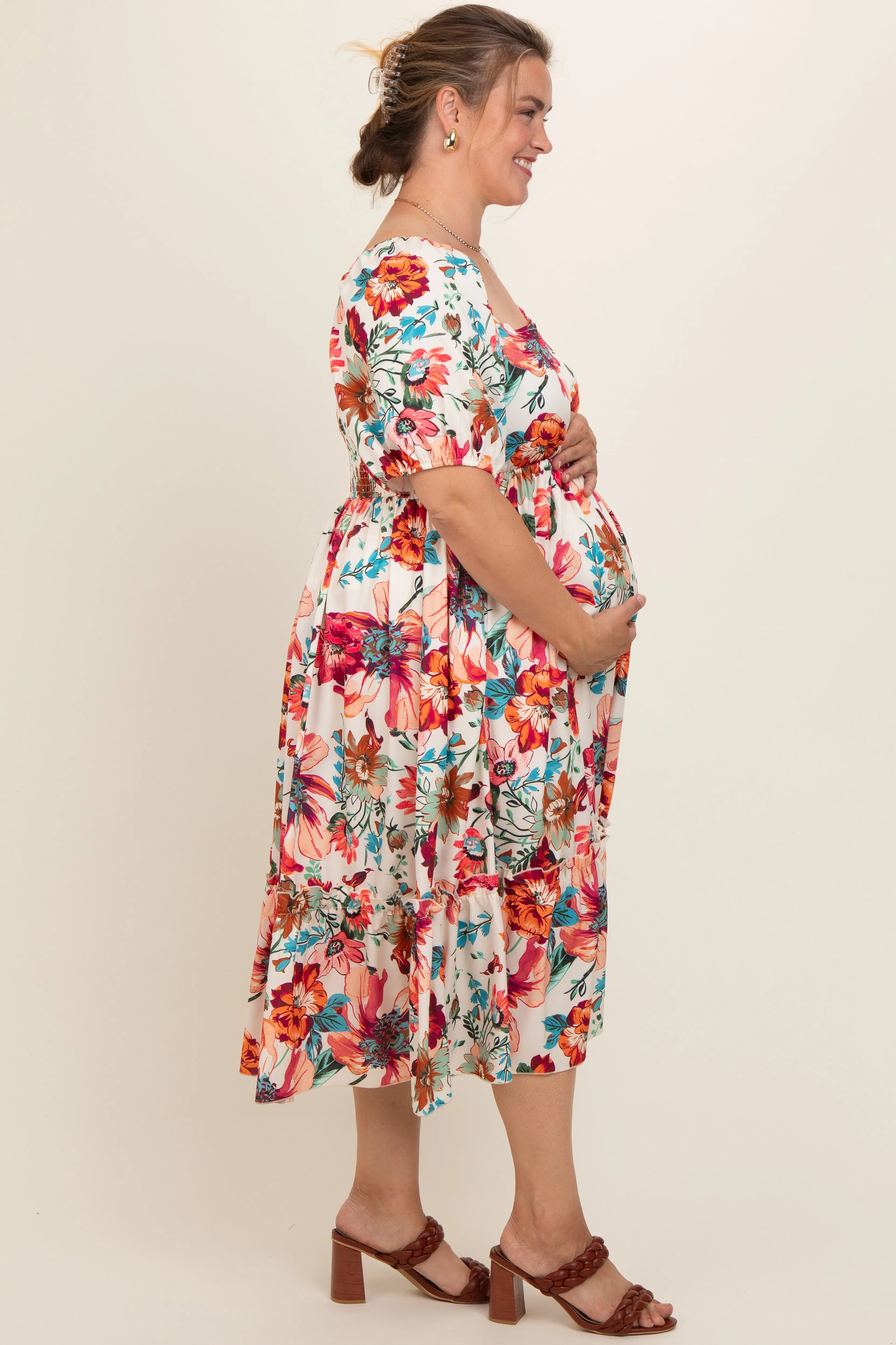 Cream Floral Puff Sleeve Maternity Midi Dress sold by Pinkblush product image thumbnail 3