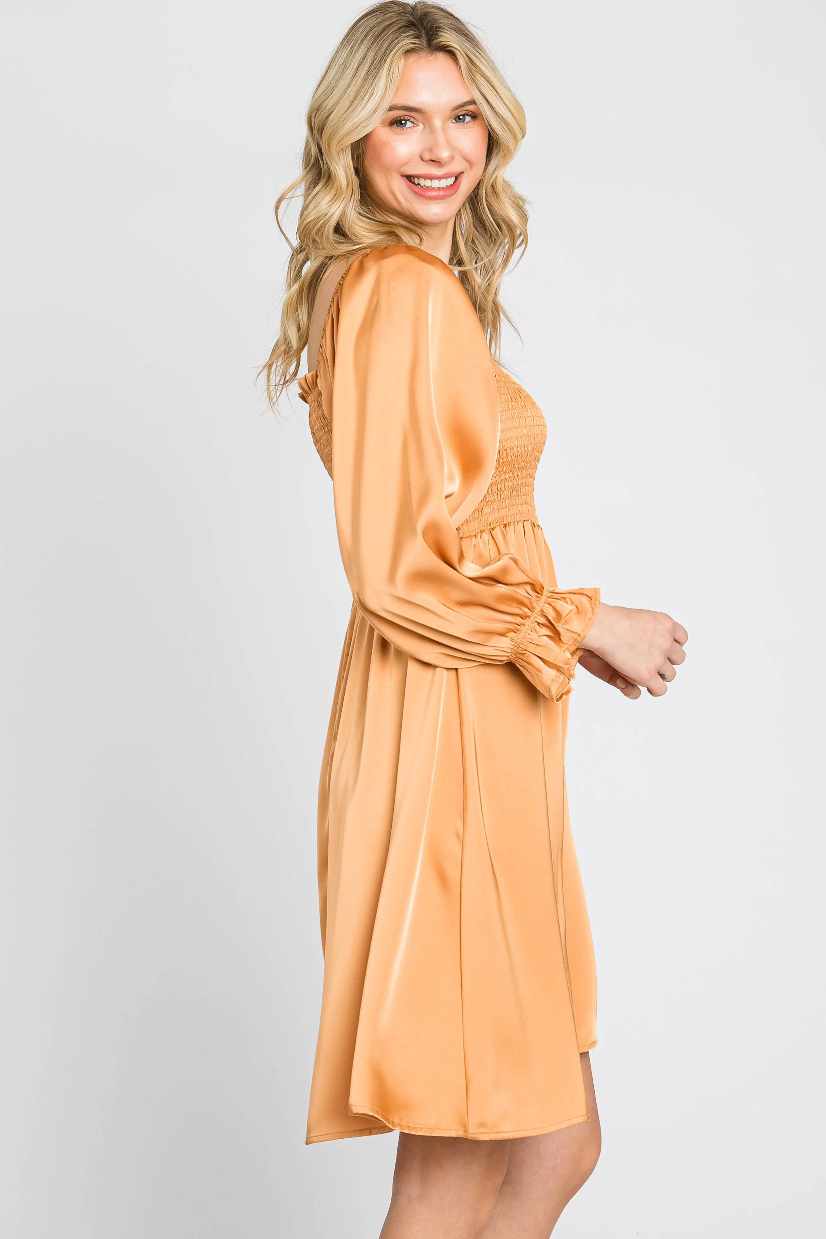 Camel Satin Smocked Square Neck Dress sold by Pinkblush product image thumbnail 2