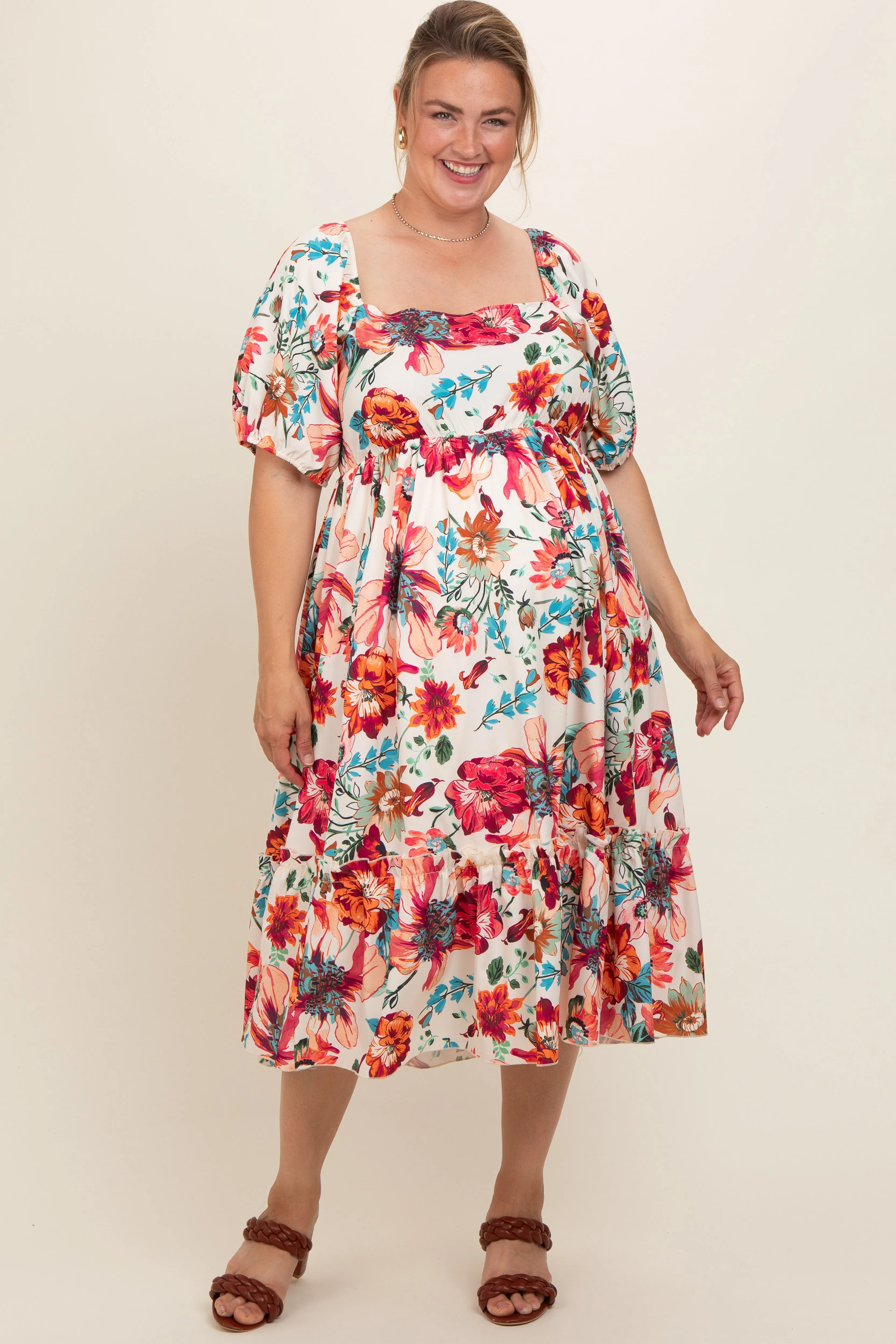 Cream Floral Puff Sleeve Maternity Midi Dress sold by Pinkblush