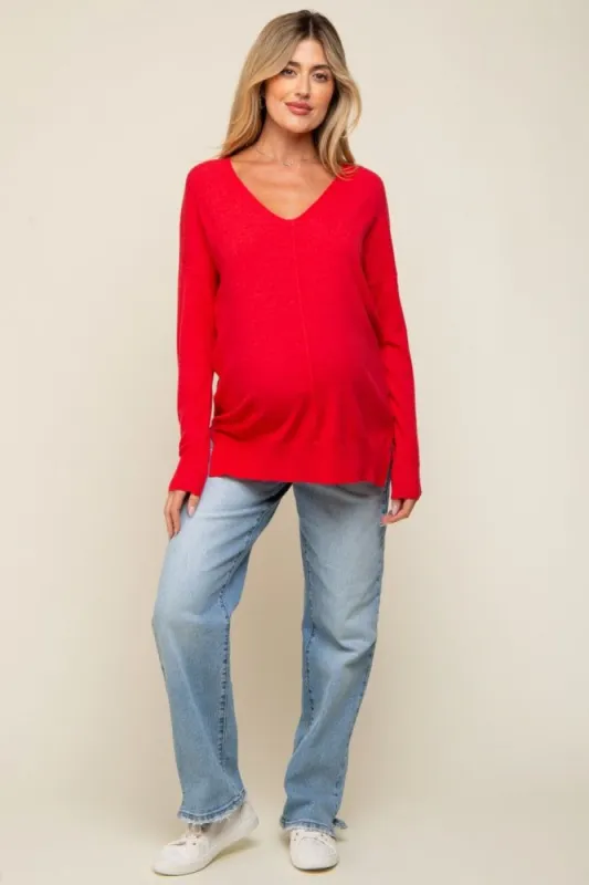 Red Long Sleeve Side Slit Maternity Sweater sold by Pinkblush