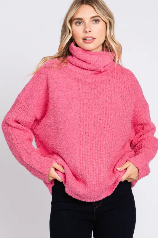 Pink Ribbed Boucle Knit Turtleneck Sweater sold by Pinkblush