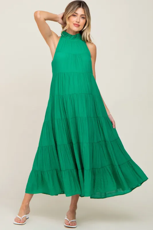 Green Tiered High Neck Maternity Maxi Dress sold by Pinkblush