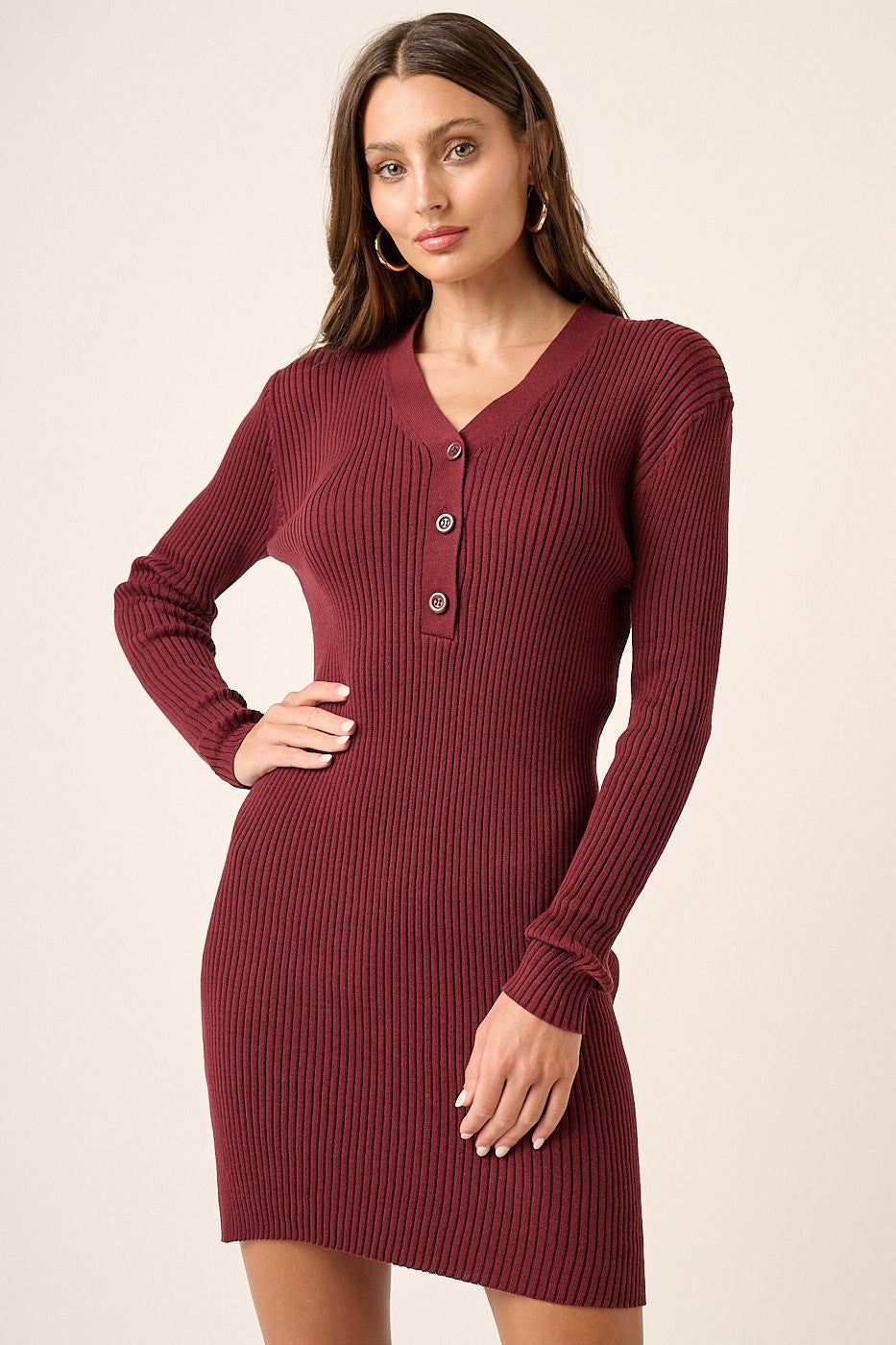 Burgundy Button Front Rib Sweater Dress sold by Pinkblush