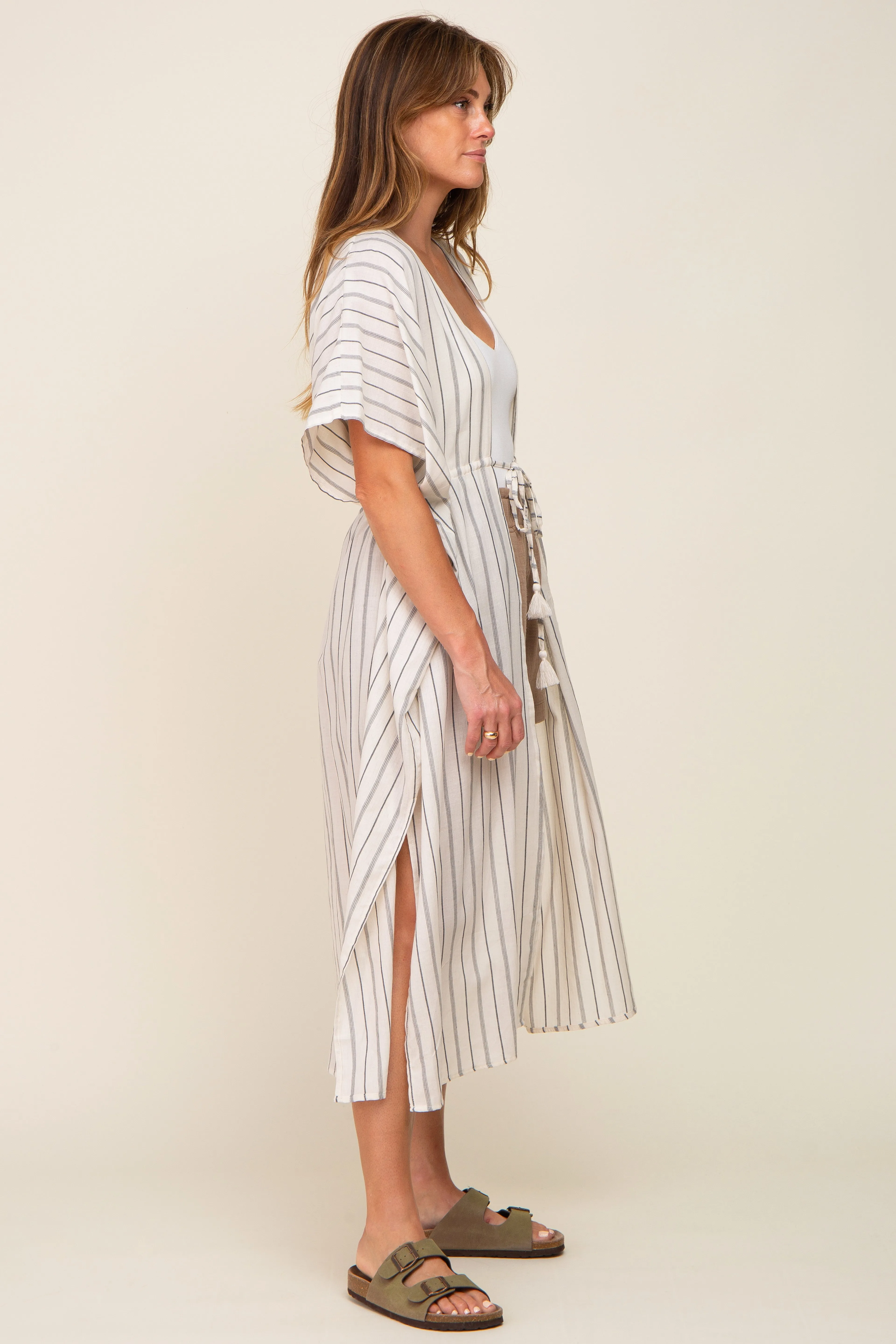 Ivory Striped Side Slit Tassel Tie Cover-Up sold by Pinkblush product image thumbnail 3