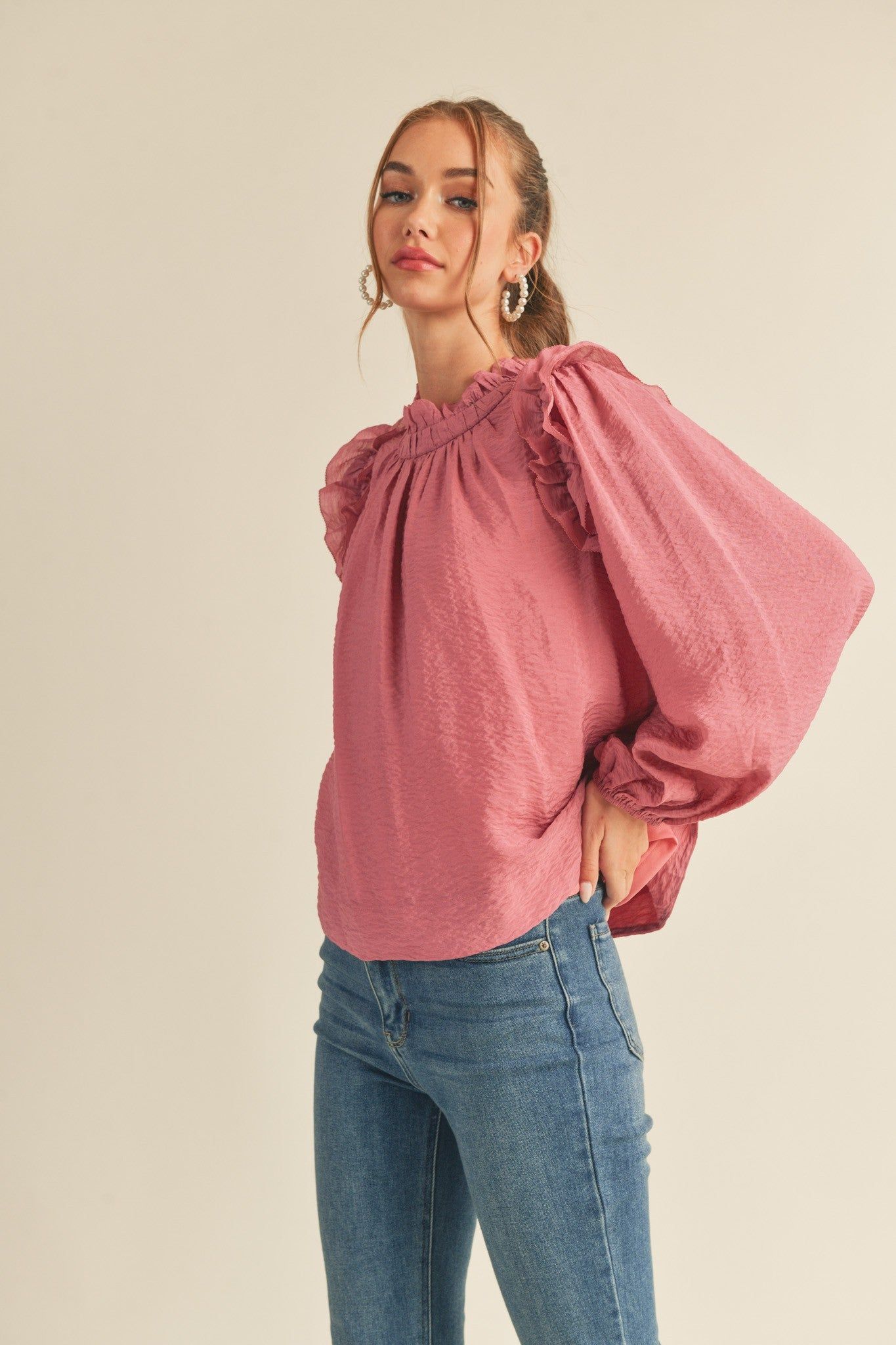Raspberry Cream Ruffled Balloon Sleeve Top sold by Pinkblush product image thumbnail 2