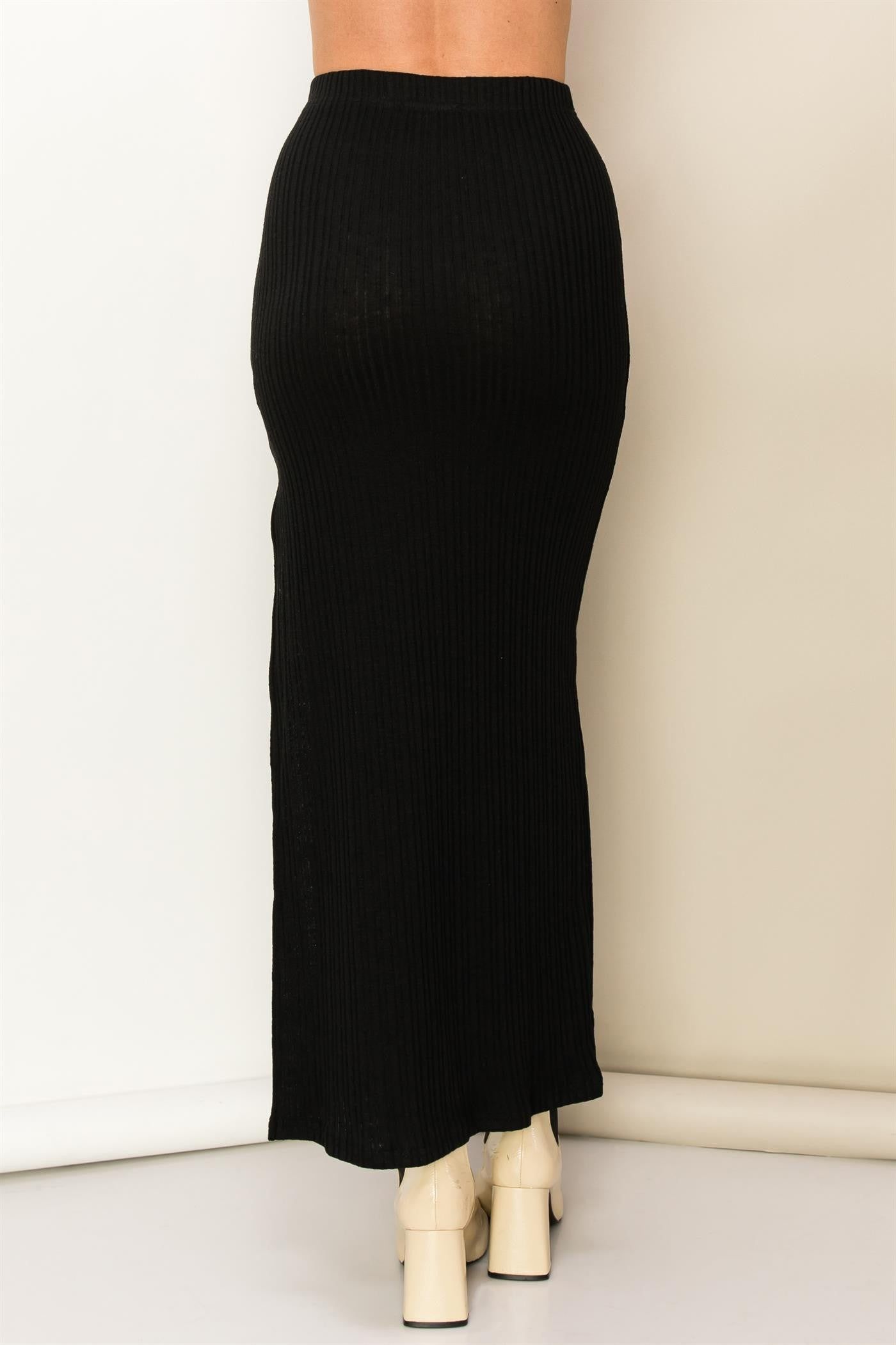 Black Ribbed Knit Side Slit Maxi Skirt sold by Pinkblush product image thumbnail 4