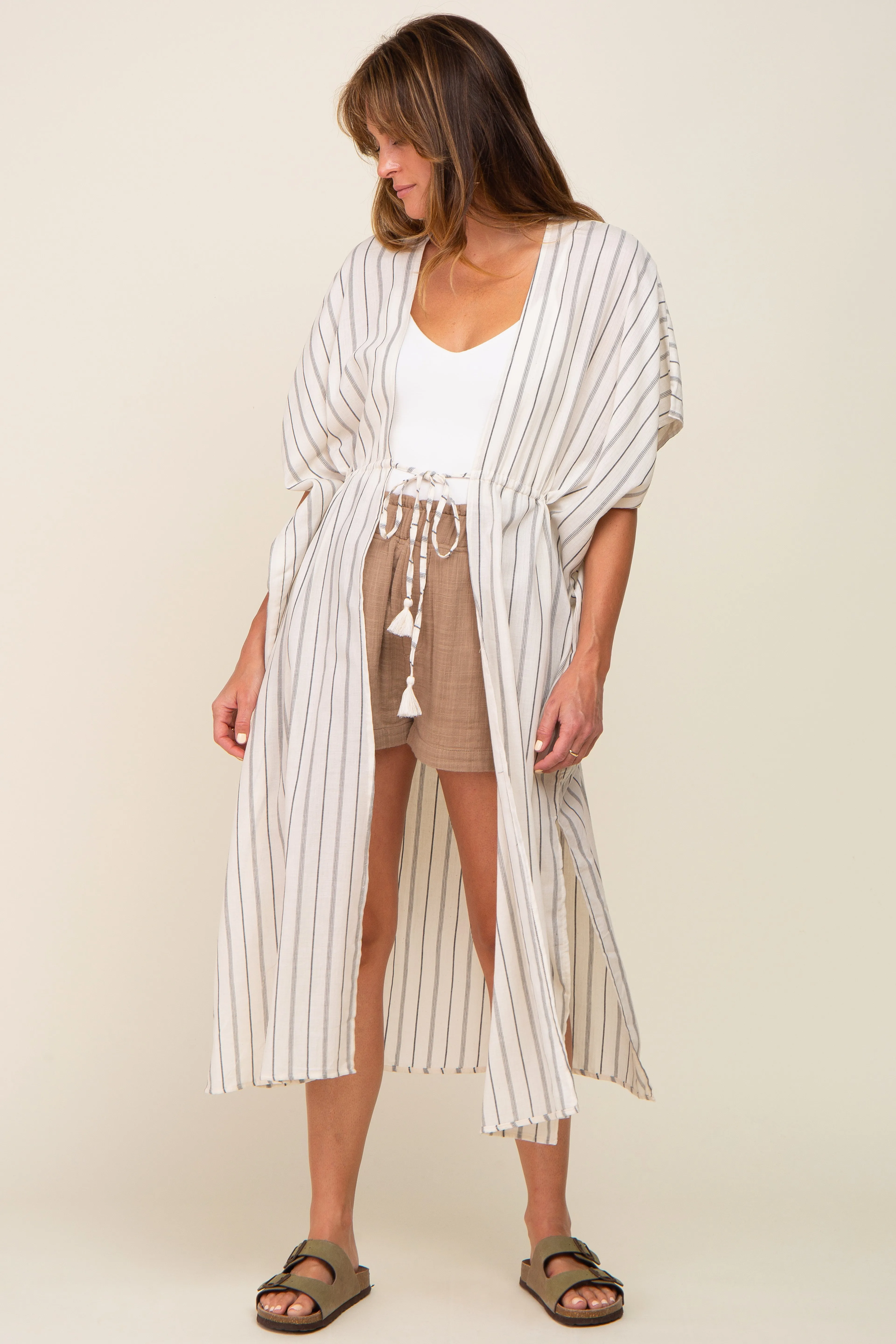 Ivory Striped Side Slit Tassel Tie Cover-Up sold by Pinkblush