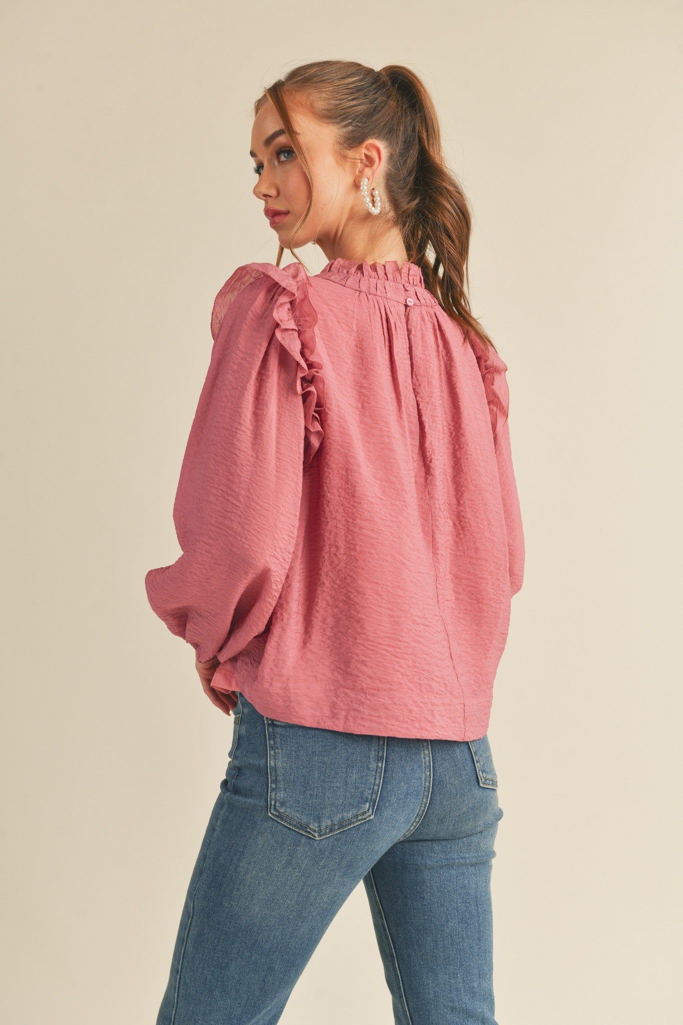 Raspberry Cream Ruffled Balloon Sleeve Top sold by Pinkblush product image thumbnail 3