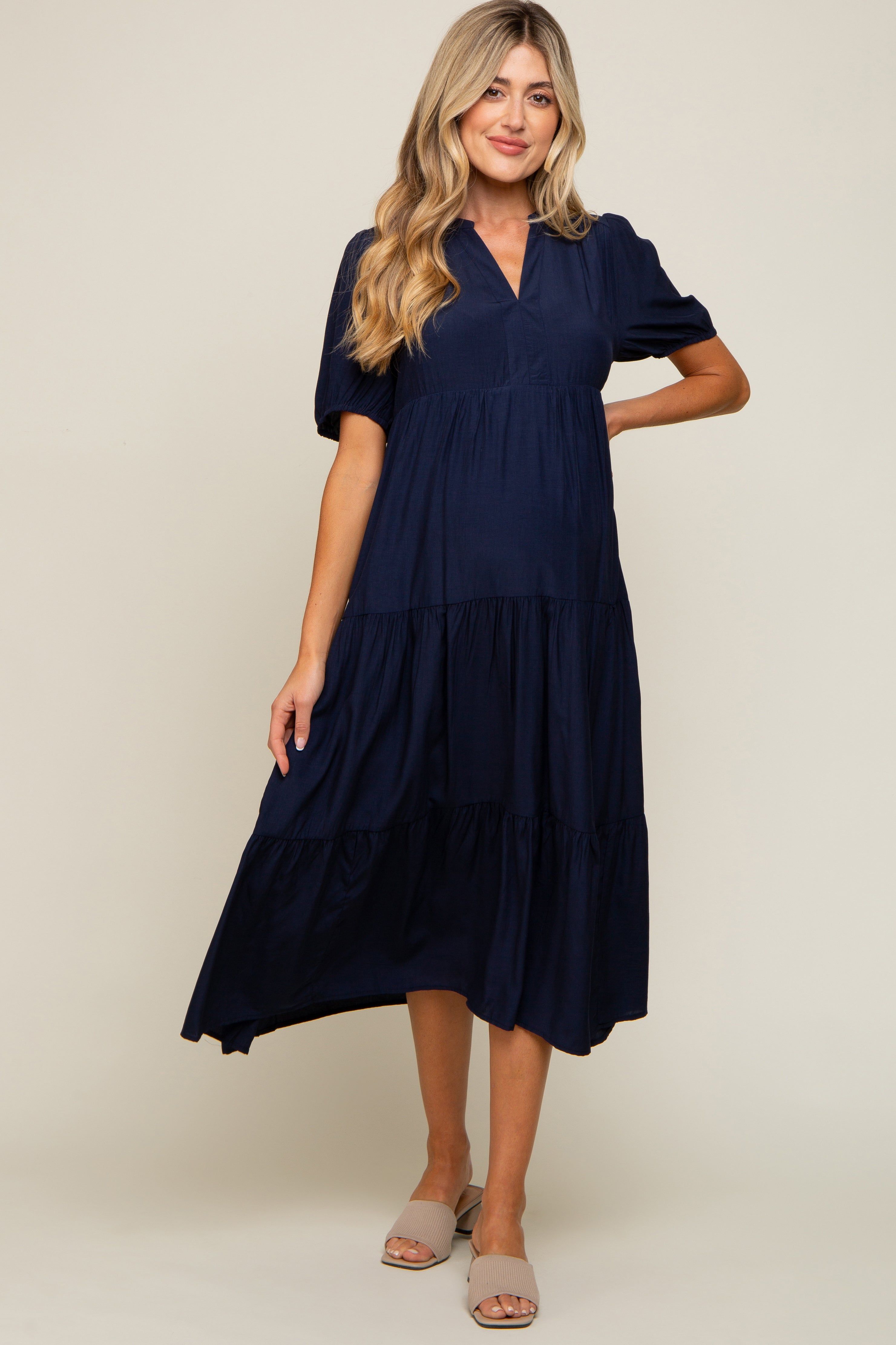 Navy Tiered V-Neck Maternity Midi Dress sold by Pinkblush product image thumbnail 4