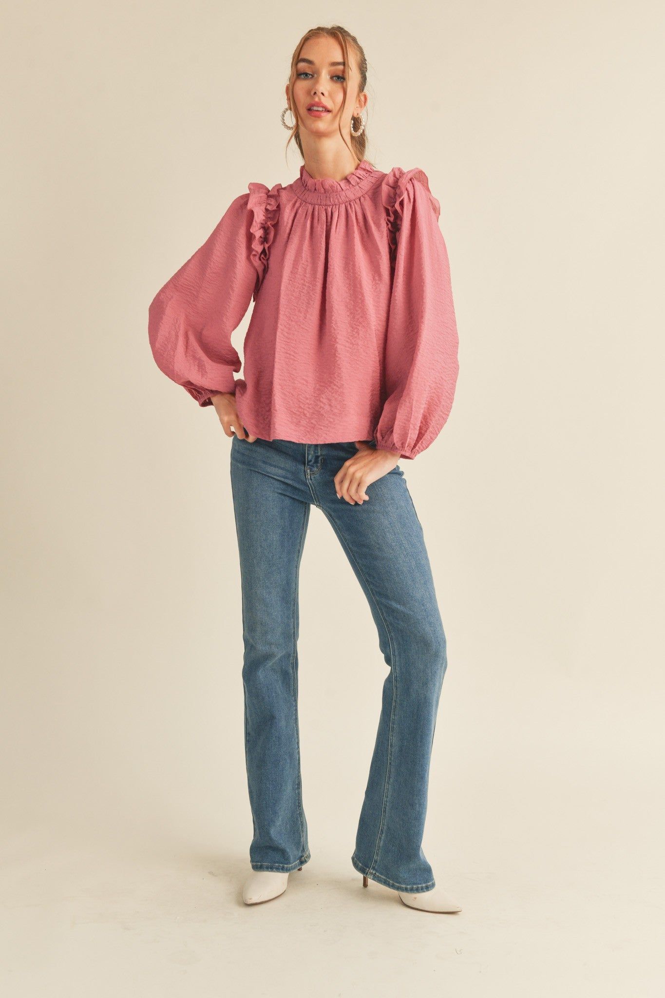 Raspberry Cream Ruffled Balloon Sleeve Top sold by Pinkblush product image thumbnail 4
