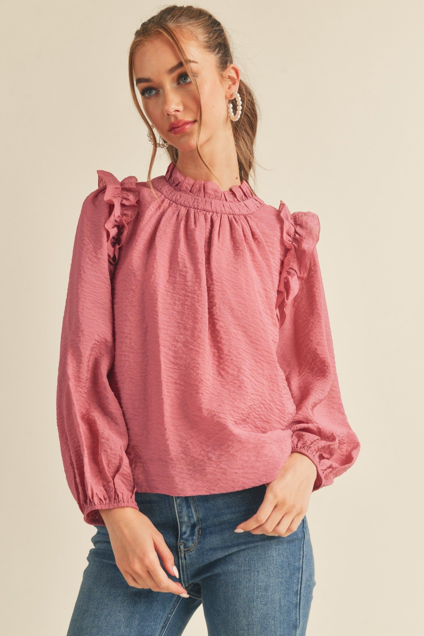 Raspberry Cream Ruffled Balloon Sleeve Top sold by Pinkblush