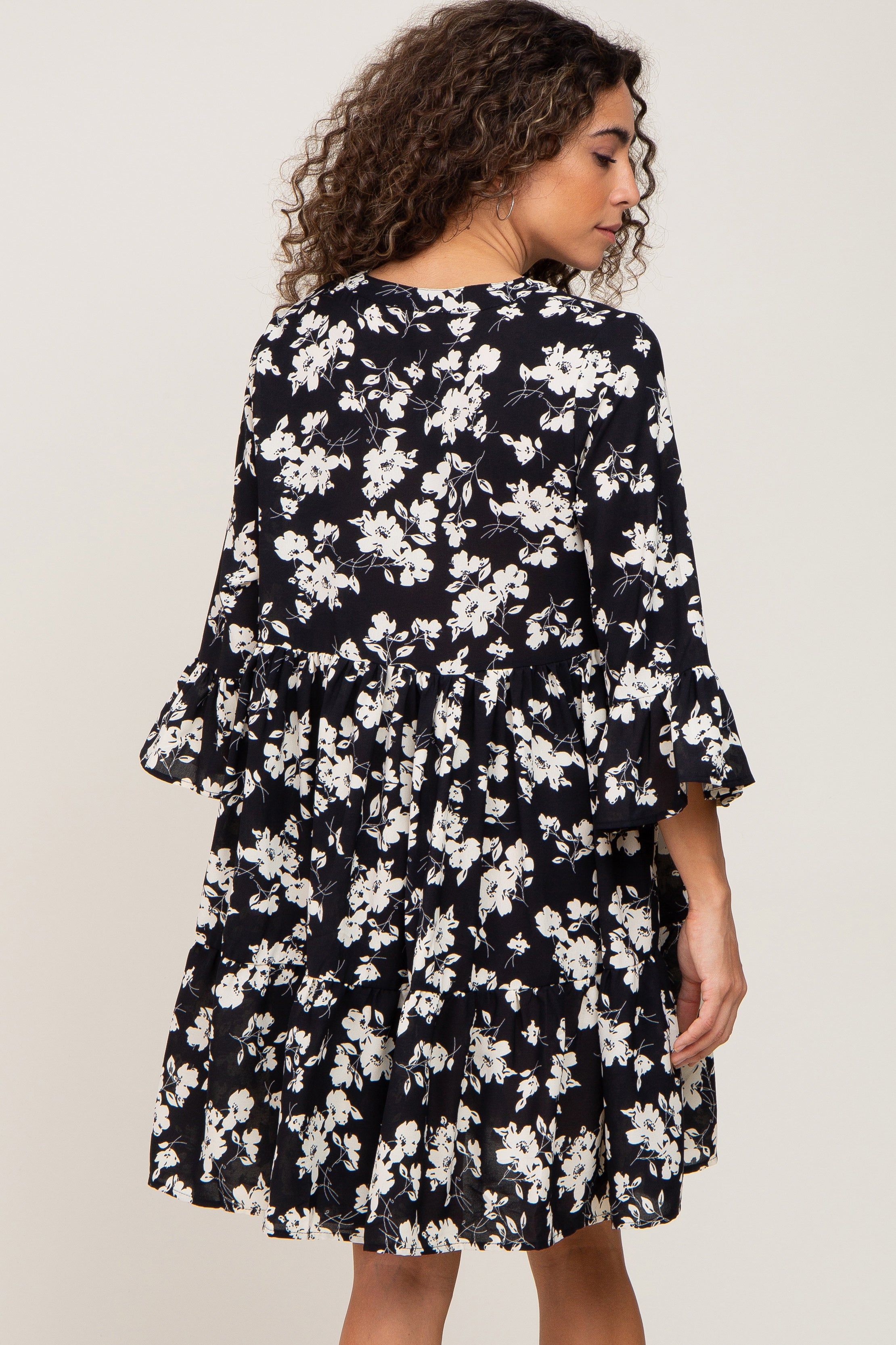 Black Floral Button Front Bell Sleeve Dress sold by Pinkblush product image thumbnail 3