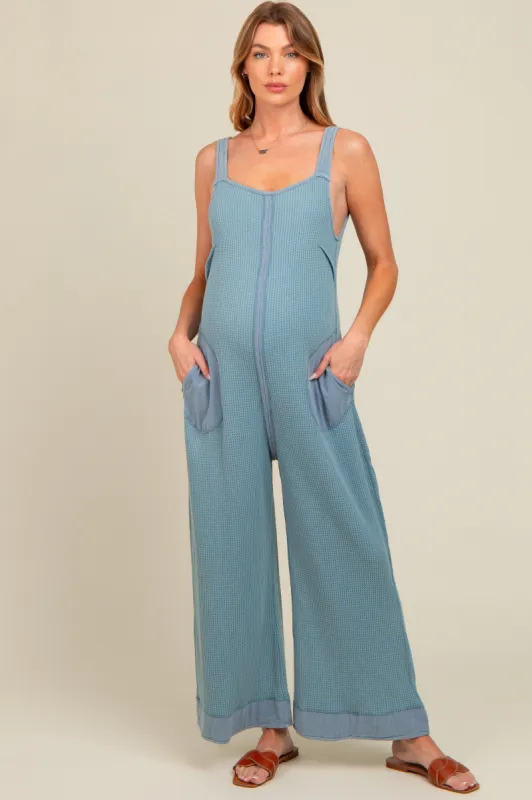 Blue Waffle Knit Wide Leg Maternity Jumpsuit sold by Pinkblush