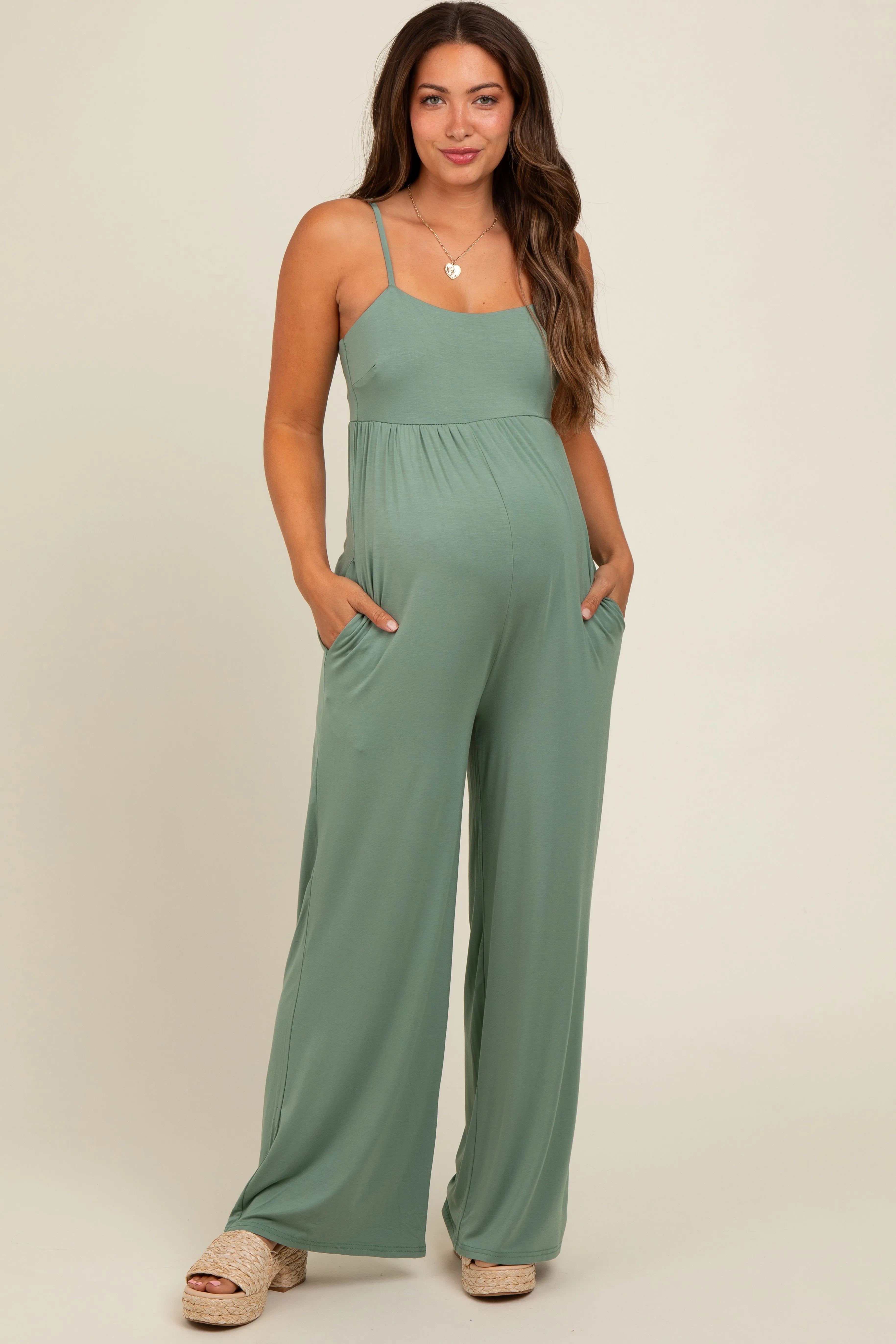 Light Olive Wide Leg Maternity Jumpsuit sold by Pinkblush product image thumbnail 2