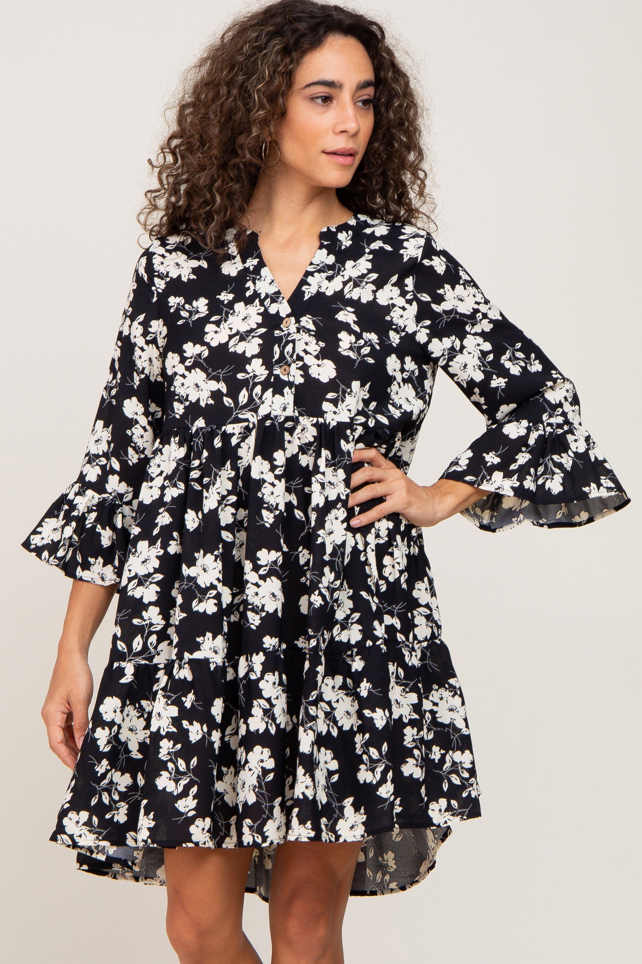 Black Floral Button Front Bell Sleeve Dress sold by Pinkblush