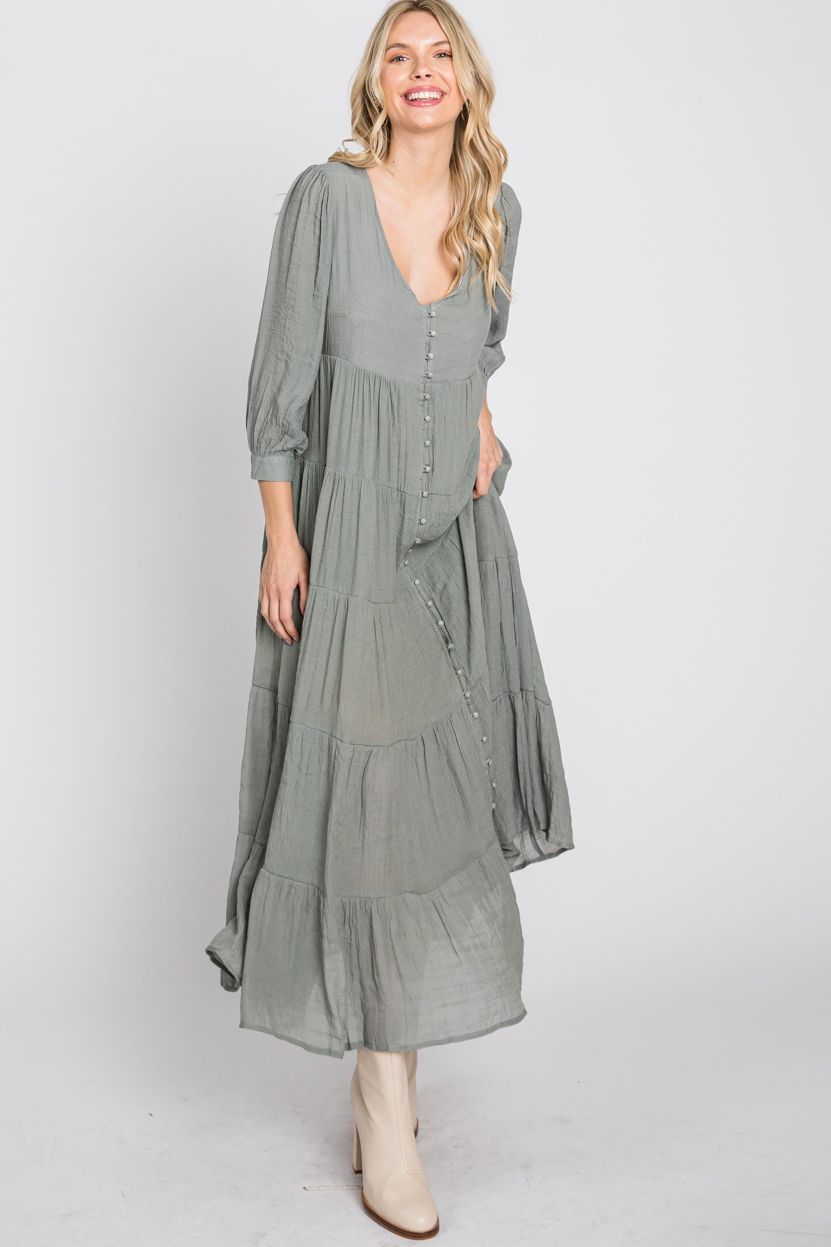 Light Olive Button Front Tiered Maxi Dress sold by Pinkblush product image thumbnail 4