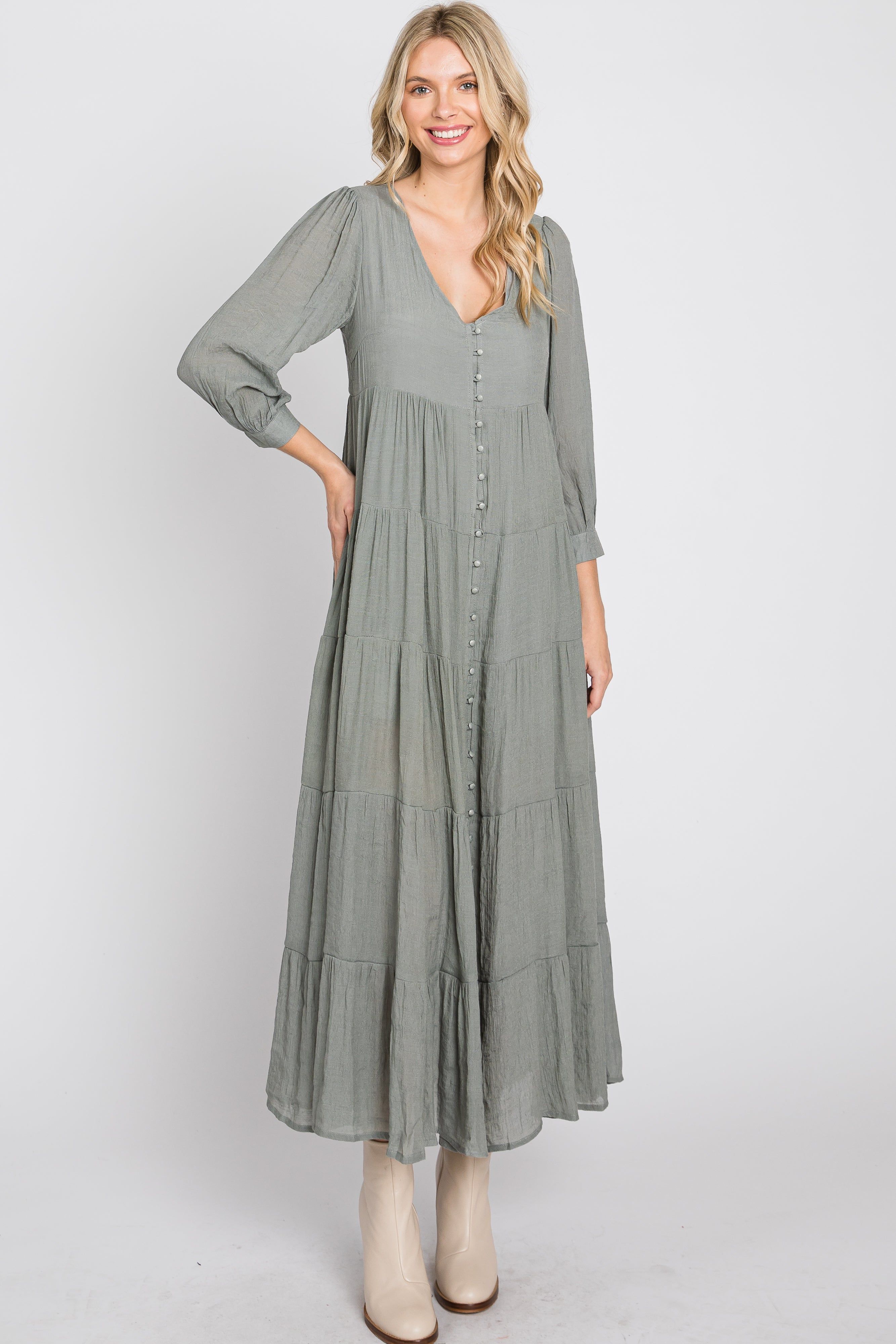 Light Olive Button Front Tiered Maxi Dress sold by Pinkblush product image thumbnail 2