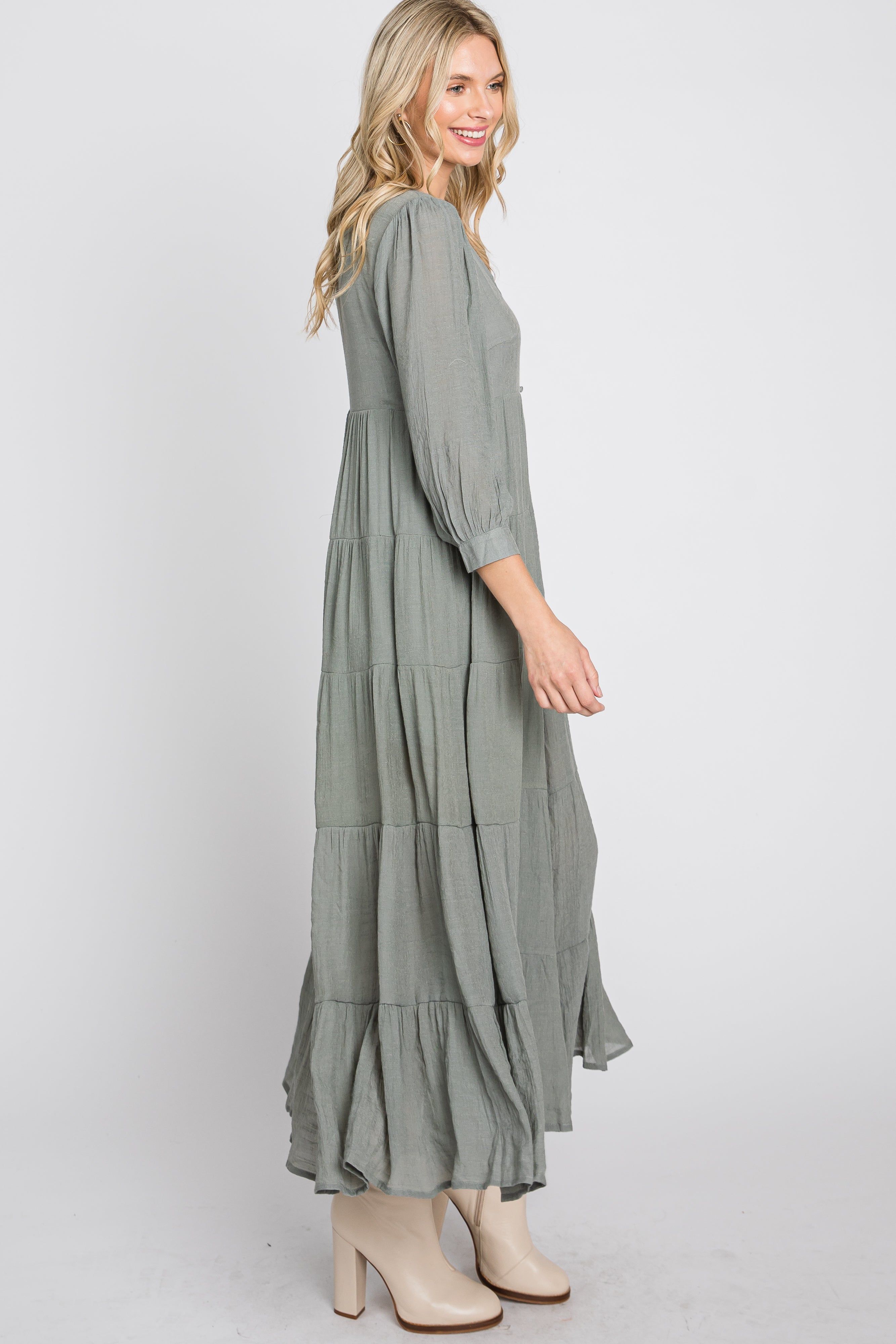 Light Olive Button Front Tiered Maxi Dress sold by Pinkblush product image thumbnail 5