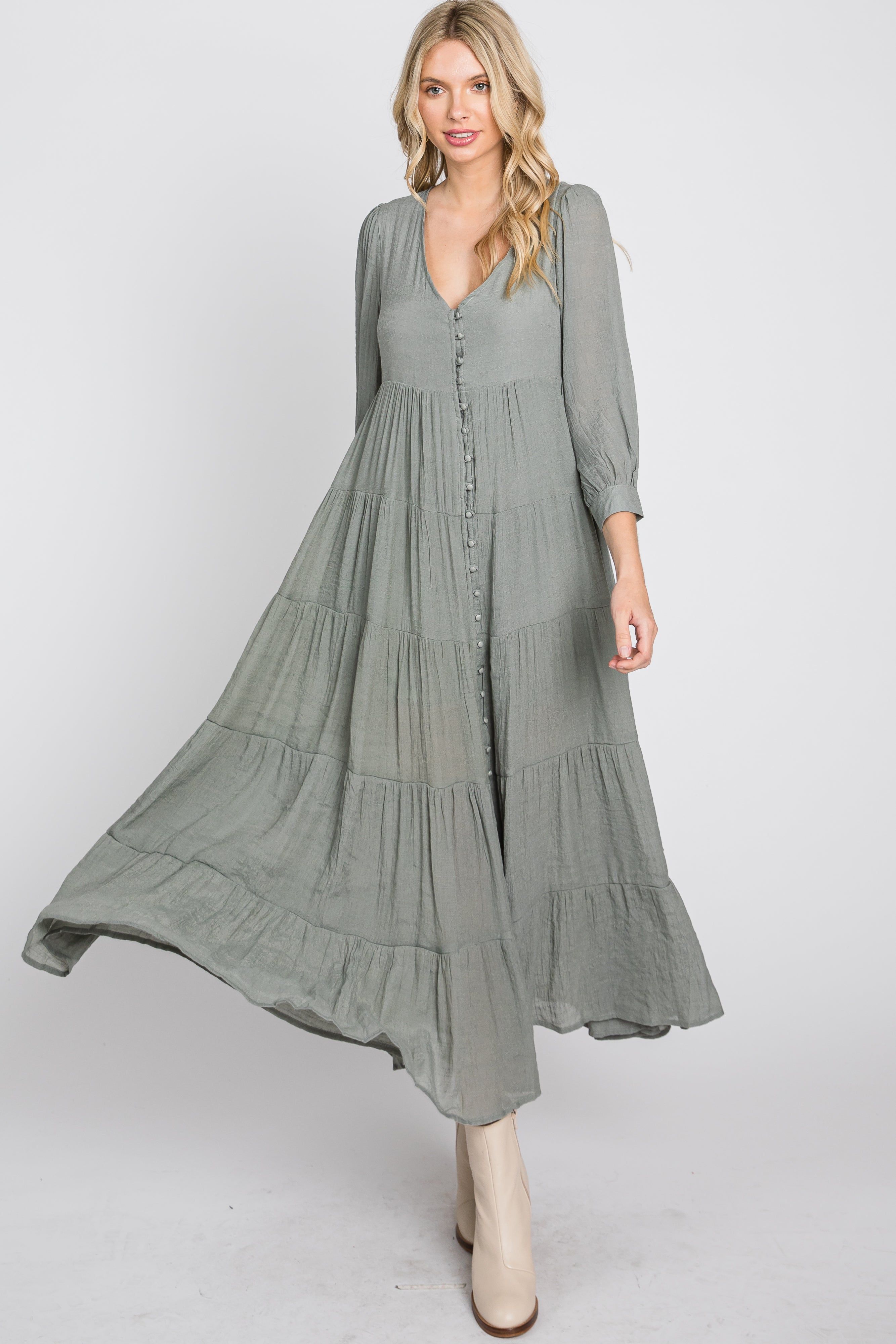 Light Olive Button Front Tiered Maxi Dress sold by Pinkblush product image thumbnail 3