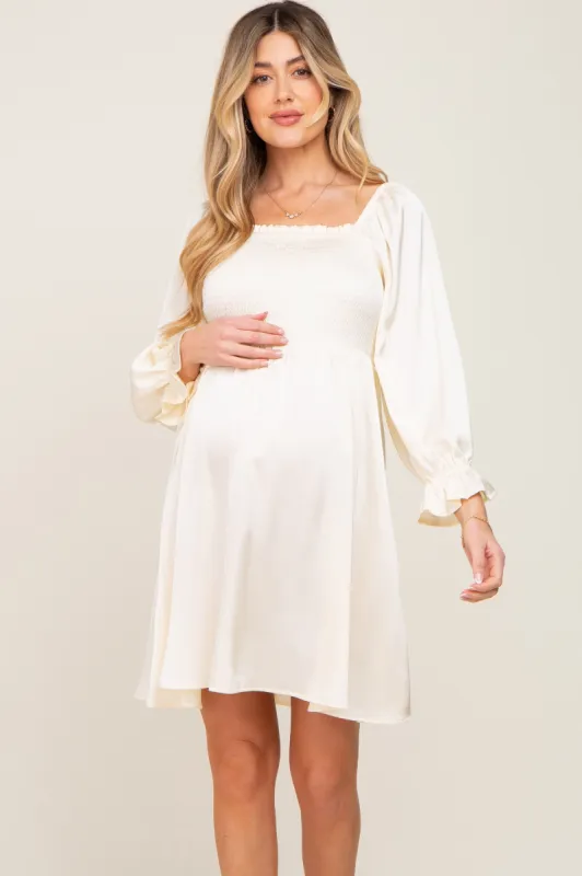 Ivory Satin Smocked Square Neck Maternity Dress sold by Pinkblush
