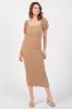 Taupe Textured Square Neck Puff Sleeve Maternity Midi Dress sold by Pinkblush