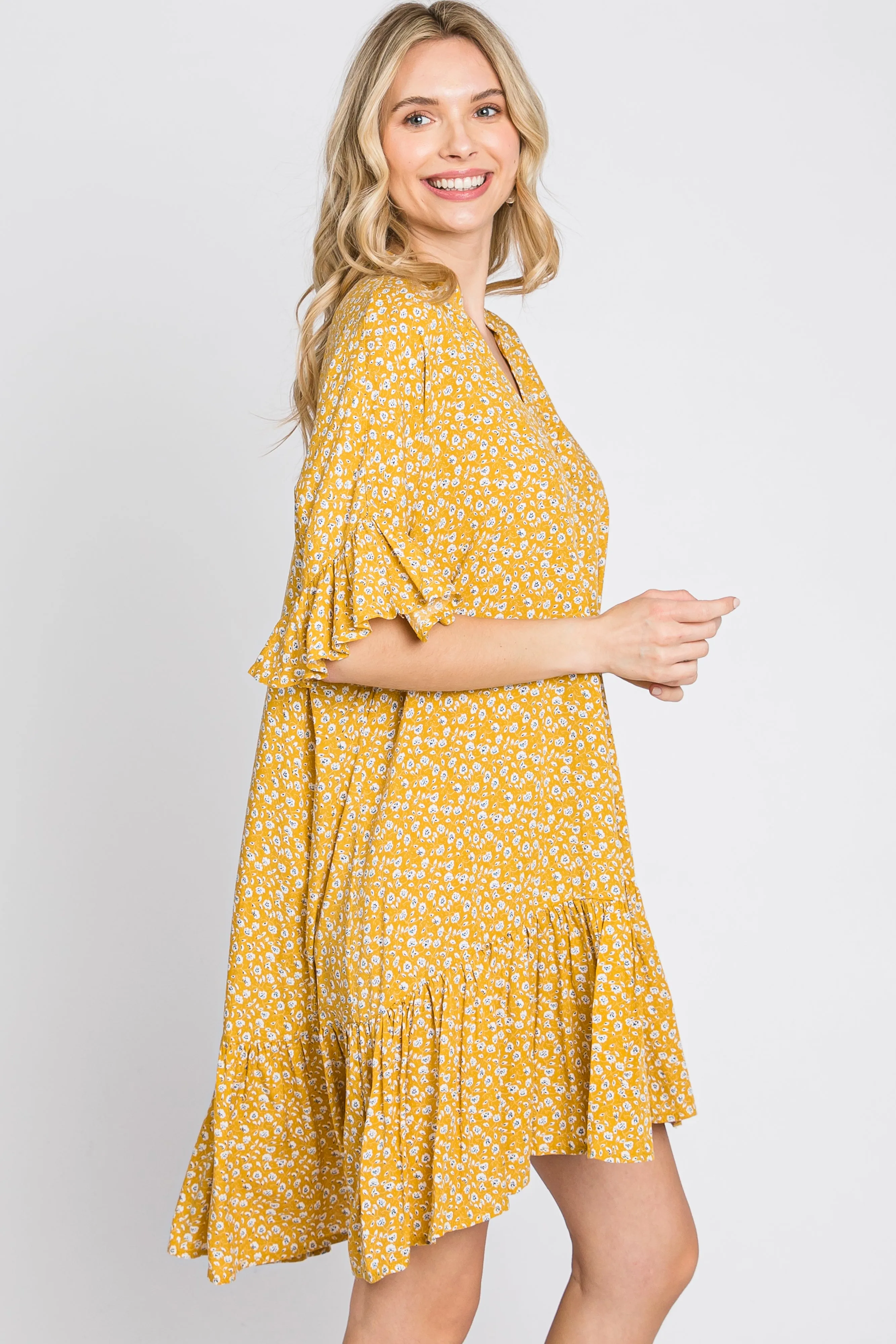Yellow Floral Ruffle Hi- Lo Hem Mini Dress sold by Pinkblush product image thumbnail 4