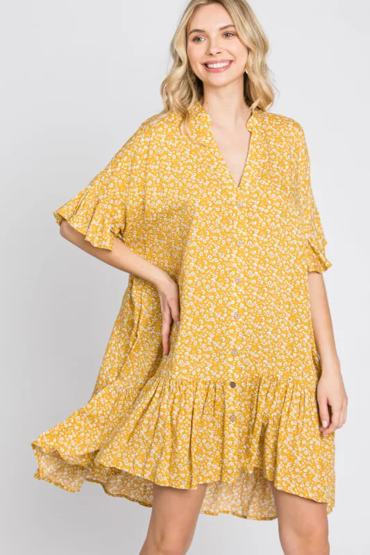 Yellow Floral Ruffle Hi- Lo Hem Mini Dress sold by Pinkblush