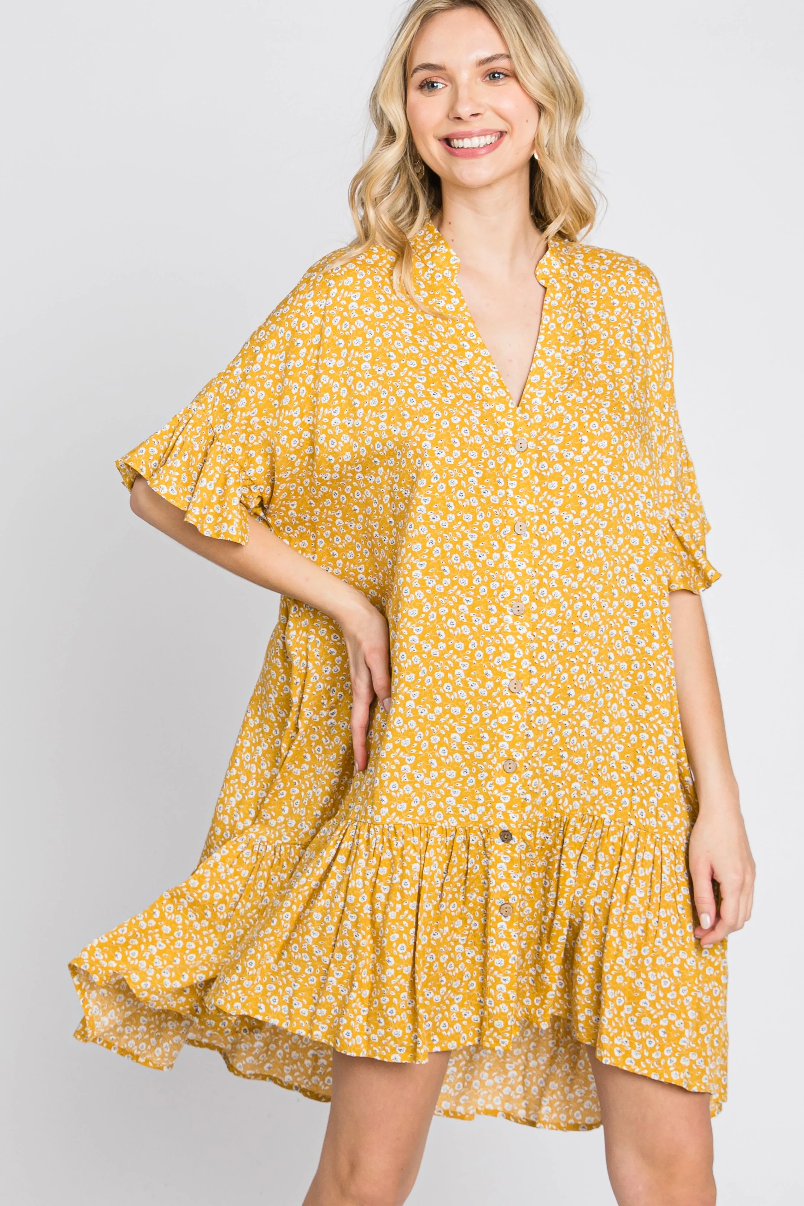 Yellow Floral Ruffle Hi- Lo Hem Mini Dress sold by Pinkblush