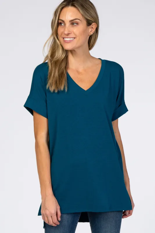 Teal V-Neck Cuffed Short Sleeve Top sold by Pinkblush