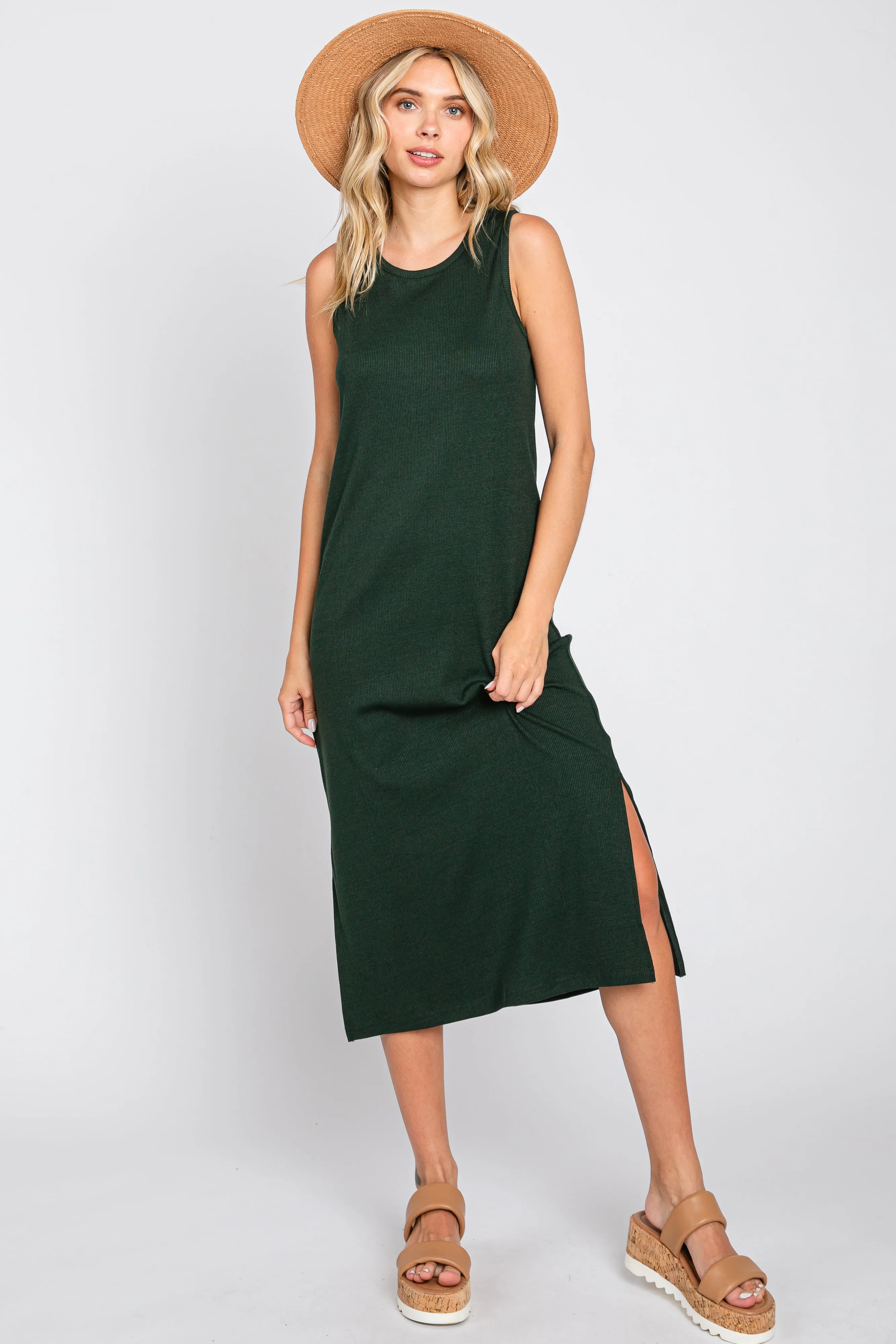 Forest Green Basic Ribbed Side Slit Midi Dress sold by Pinkblush product image thumbnail 4