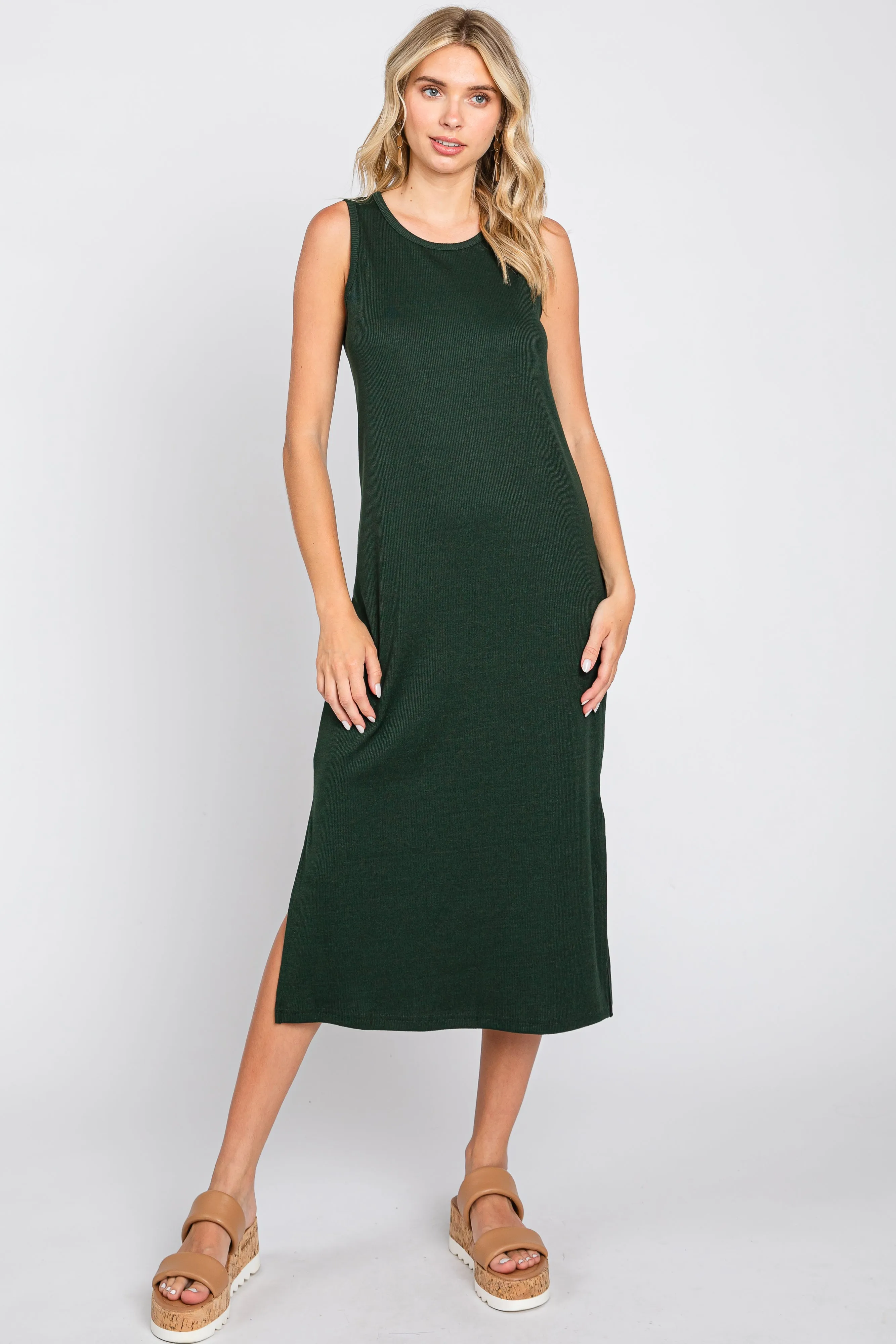 Forest Green Basic Ribbed Side Slit Midi Dress sold by Pinkblush