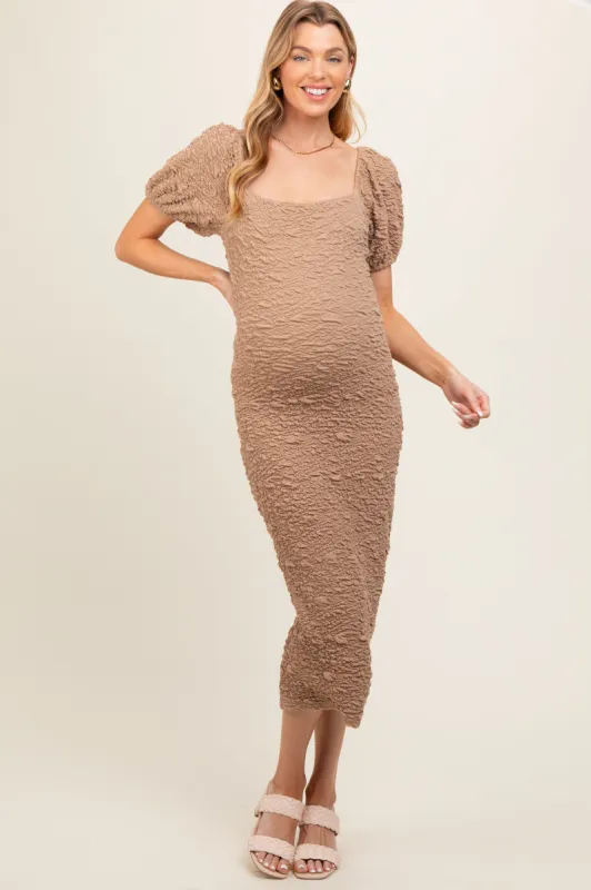 Taupe Textured Square Neck Puff Sleeve Maternity Midi Dress sold by Pinkblush