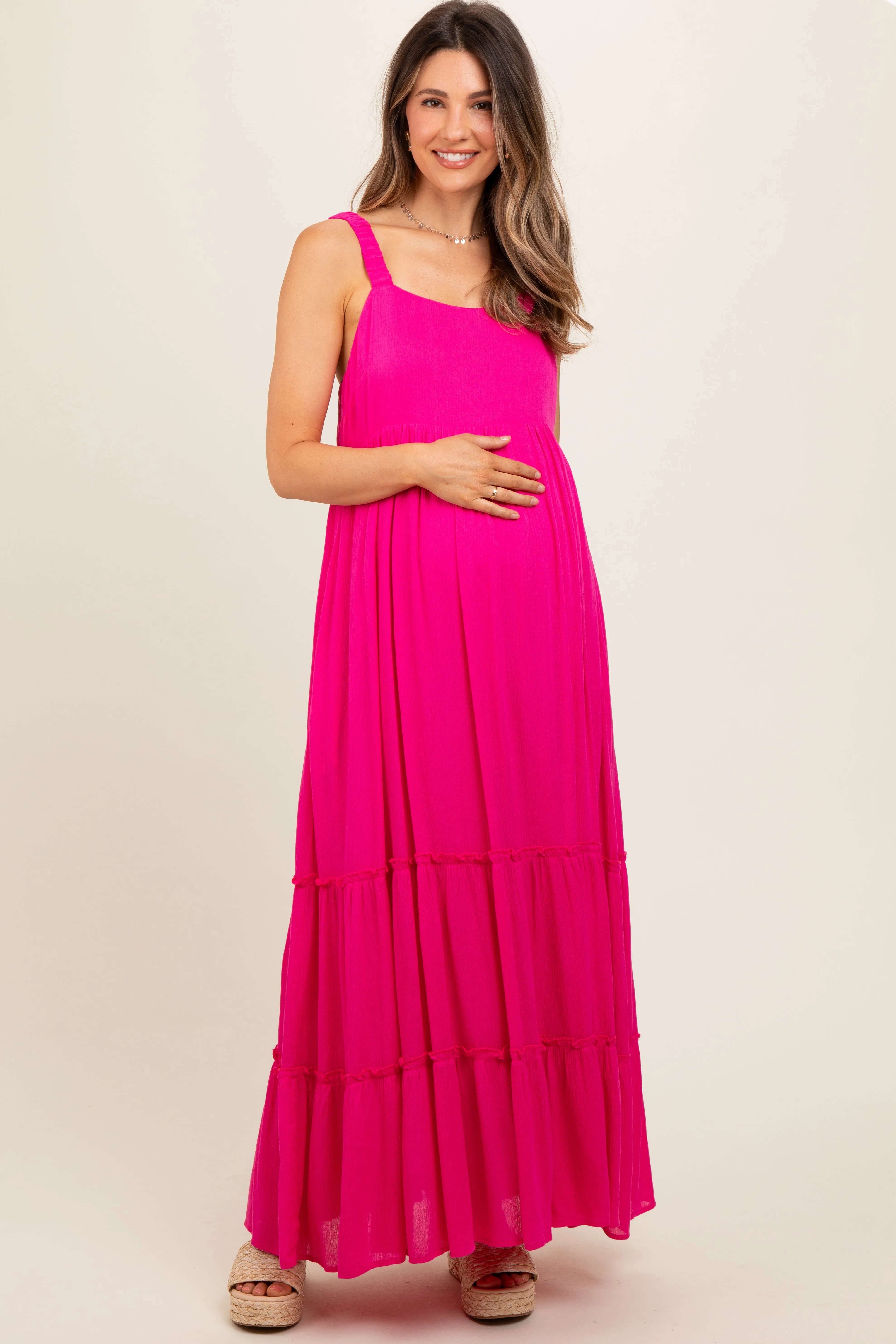 Fuchsia Tiered Maternity Maxi Dress sold by Pinkblush